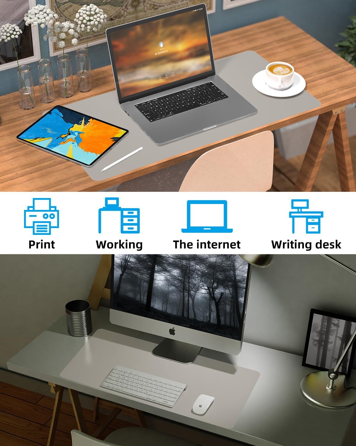 Leather Desk Pad Protector,Large Mouse pad,Office Desk mat,Laptop Mat for Desk, Non-Slip PU Leather Desk Blotter,Waterproof Desk Writing Pad for Office/Home(35"x17",Light Grey)