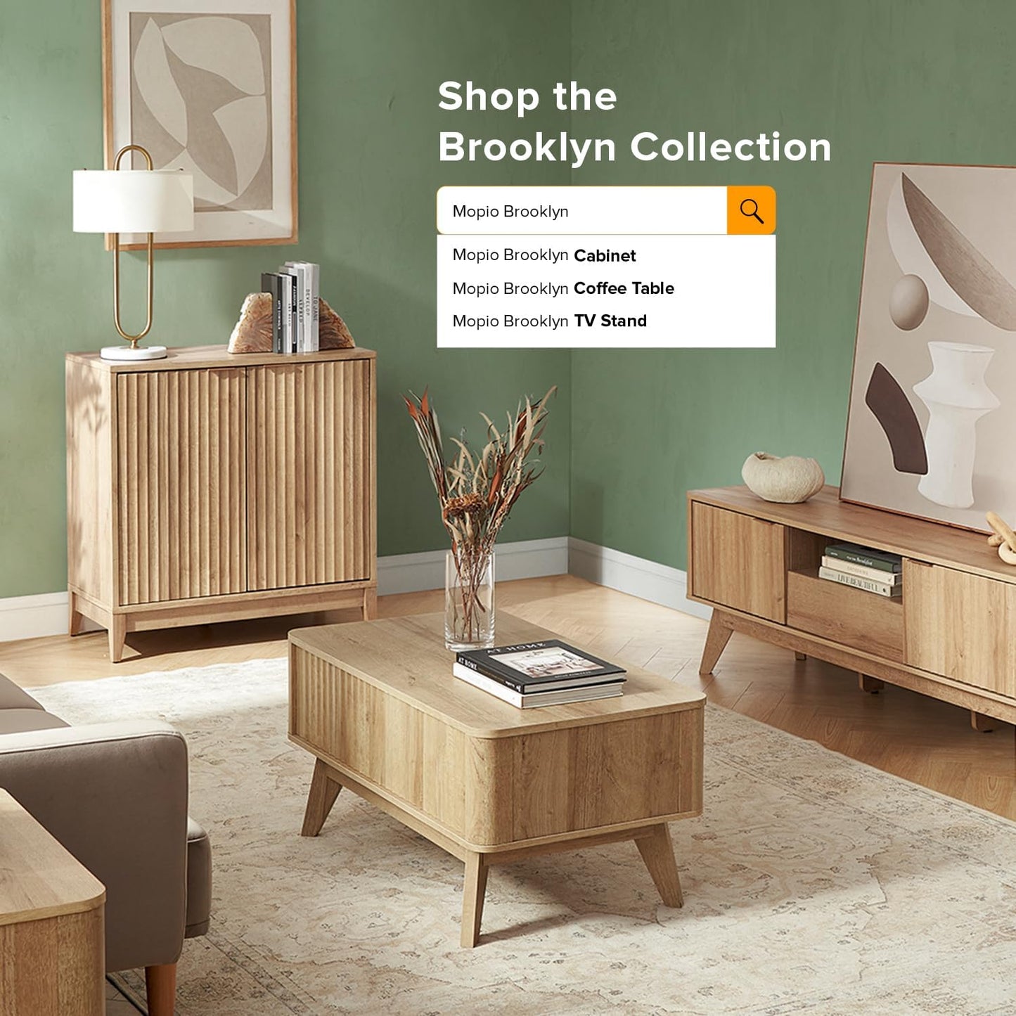 mopio Brooklyn Storage Cabinet, Modern Farmhouse Entryway Accent Case, Buffet Sideboard, Console Table, Credenza, Wood Modular Organizer with Doors & Shelf, Fluted Panel Cupboard (Oak, Set of 2)