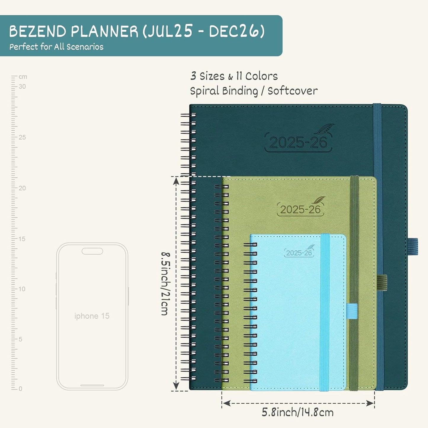 BEZEND Planner 2025-2026 Weekly and Monthly, 5.8" x 8.5" Academic Calendar (Jul 25-Dec 26) Vertical Daily Appointment with Hourly Timeslot & Monthly Tab, Spiral, PU Leather Softcover - Sky Blue