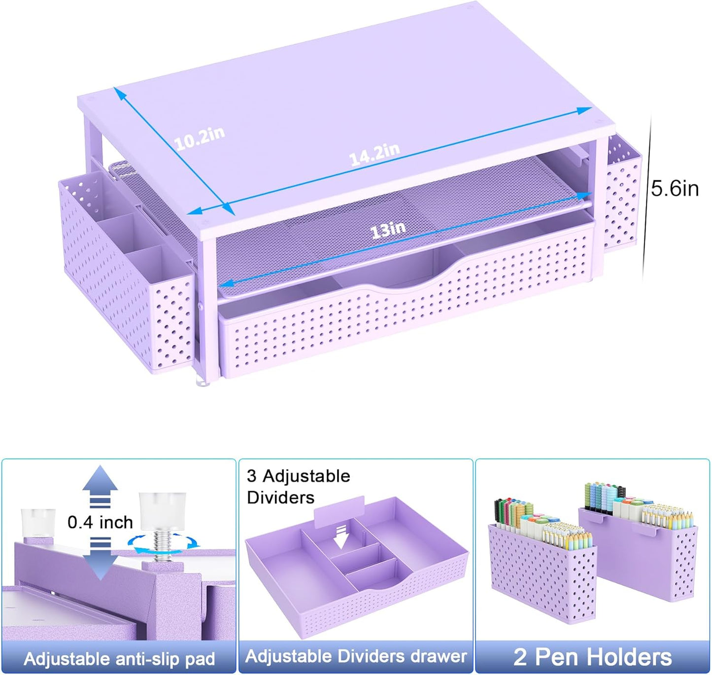 Desk Organizer and Accessories, Computer Monitor Stand Riser with Drawer and 2 Pen Holders, Office Desk Accessories & Workspace Organizers for Office Supplies (Purple)