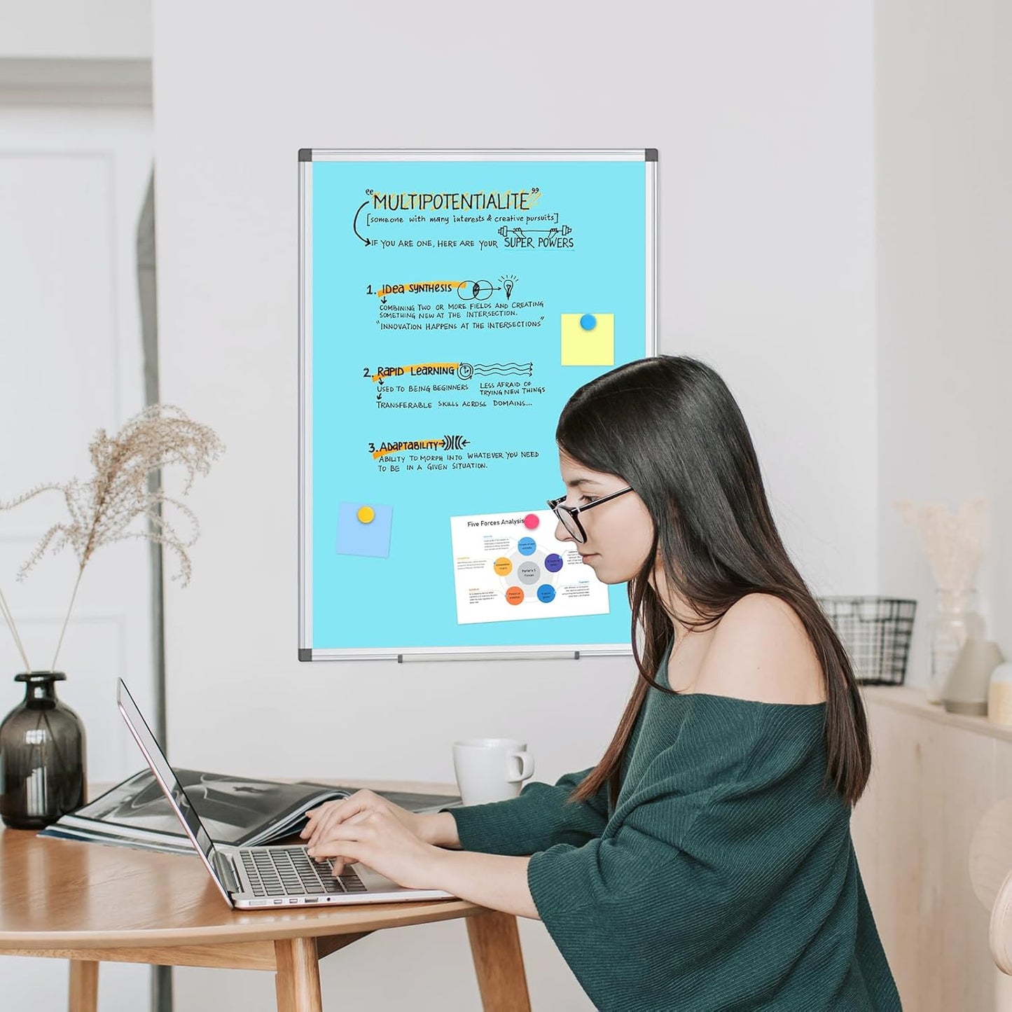 WALGLASS Magnetic Whiteboard 36"x24" Dry Erase White Board for Walls with Pen Tray, Aluminium Frame and Dry-Wipe Writing Surface for Kids' Drawing, Home, and Office (Blue)