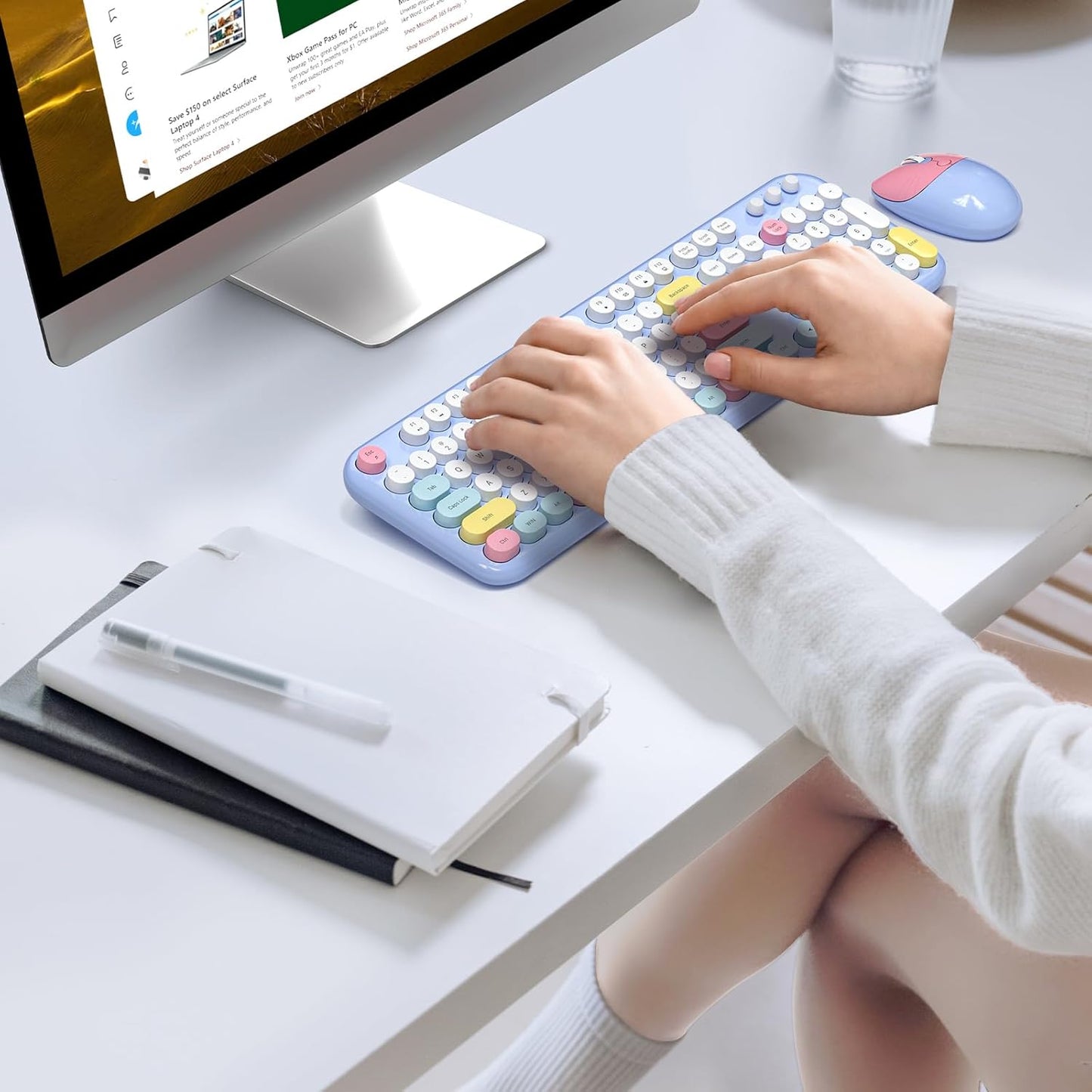 Wireless Keyboard and Mouse Combo, 2.4G Retro Typewriter Keyboard with Number Pad and Cute Ambidextrous Wireless Mouse for Computer Laptop