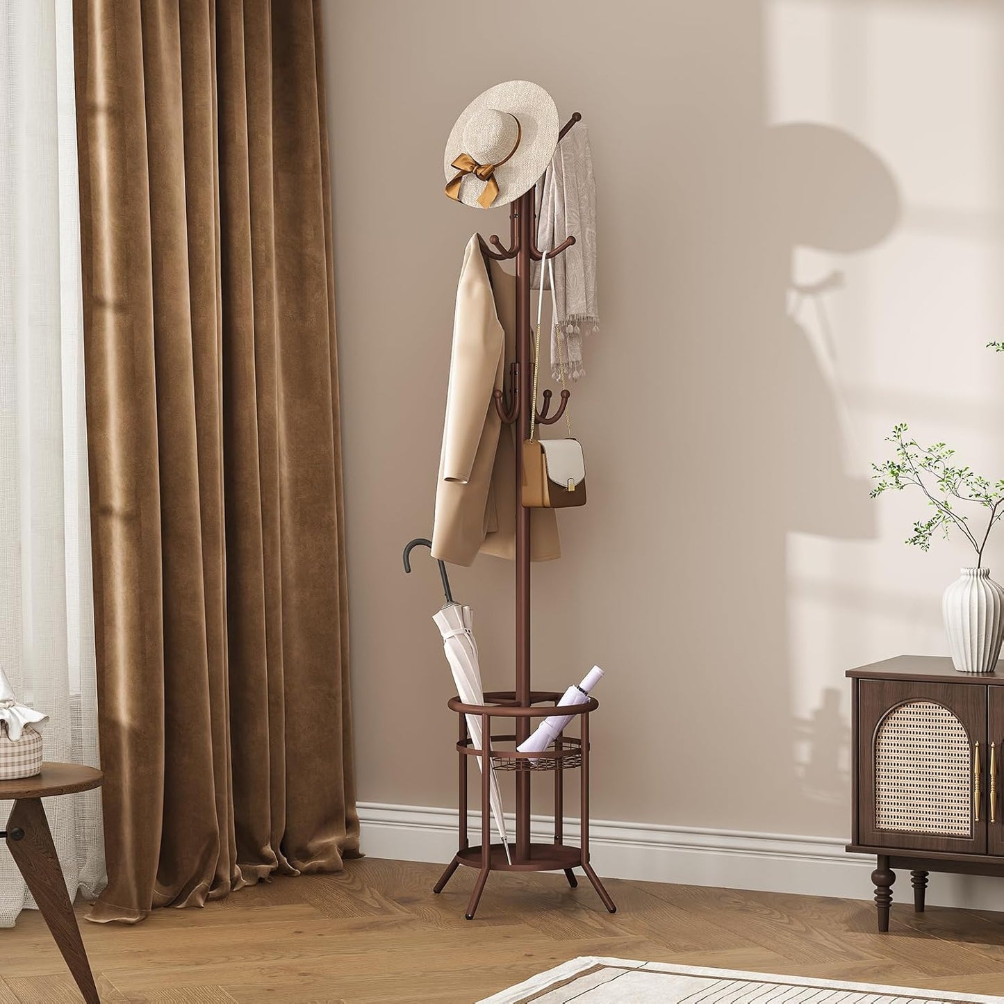 ELYKEN Coat Rack Freestanding, Metal Coat Rack Stand with Umbrella Holder, Modern Coat Tree with 12 Hooks, Floor Standing Corner Hall Tree for Entryway Living Room Bedroom Office, Brown