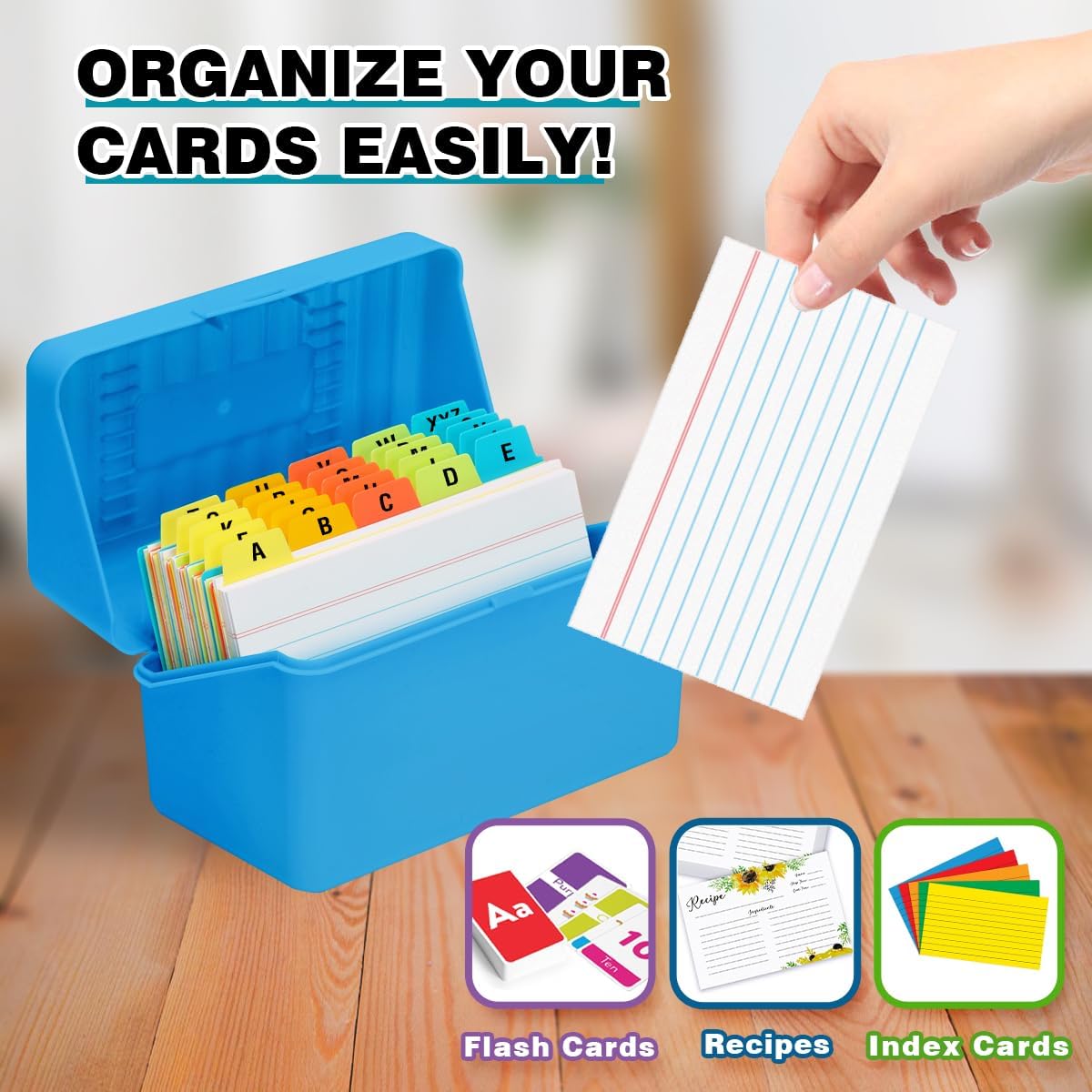 H4D 3x5 Index Card Holder with 100 Heavyweight Ruled Index Cards and 25 Plastic Dividers, Blue