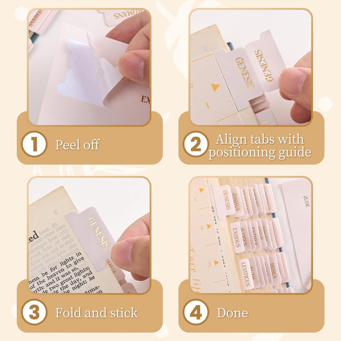 Laminated Bible Tabs, Gold Foil Embossed Lettering Bible Chapter Index Tabs for Women Men, Reposition Large Print Sticky Labels, Easy to Read and Apply, 105Chapters Labels for Easy Navigation (Creamy)