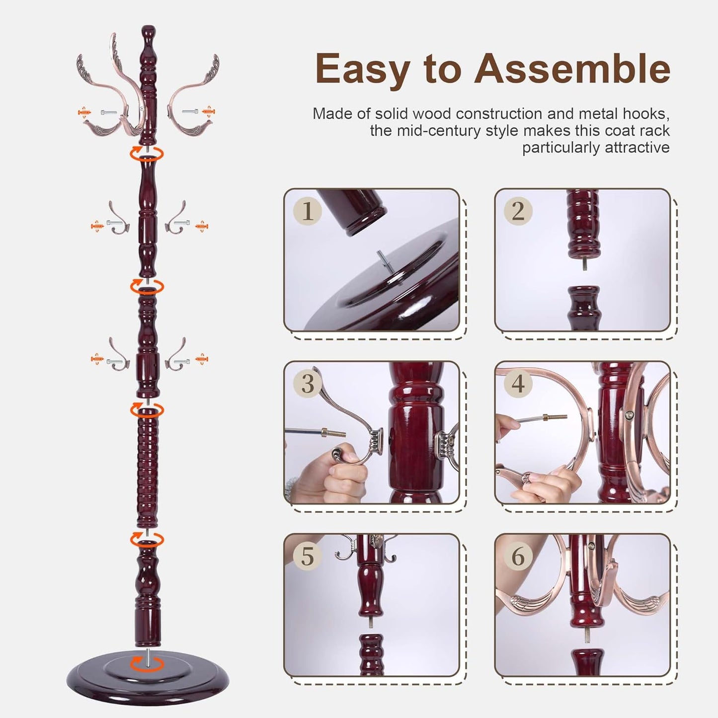 Solid Wood Coat Rack Stand with 20 Hooks, Vintage Coat Rack Freestanding with Heavy Duty Base, 3 Adjustable Height Coat Hanger Stand Hall Tree Fits Entryway Bedroom Office for Coat,Bag,Hat