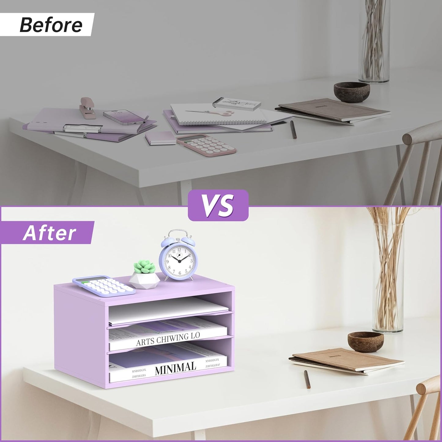 SUPEASY Wood Desk Organizer, 3 Tier Paper File Organizer for Desk, Wooden Desktop Organizer, Paper Letter Literature Mail Sorter, for Office School & Home Organization, Purple