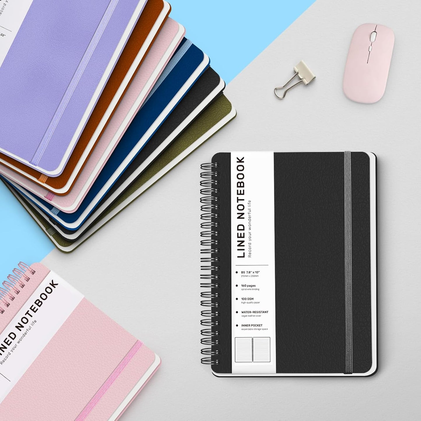 Lined Spiral Journal Notebook, B5 Hardcover Leather Notebook for Work, 7.8''×10'', 100GSM Thick Paper Spiral Bound Journaling Notebooks for Women & Men Office School Note Taking Business, Black