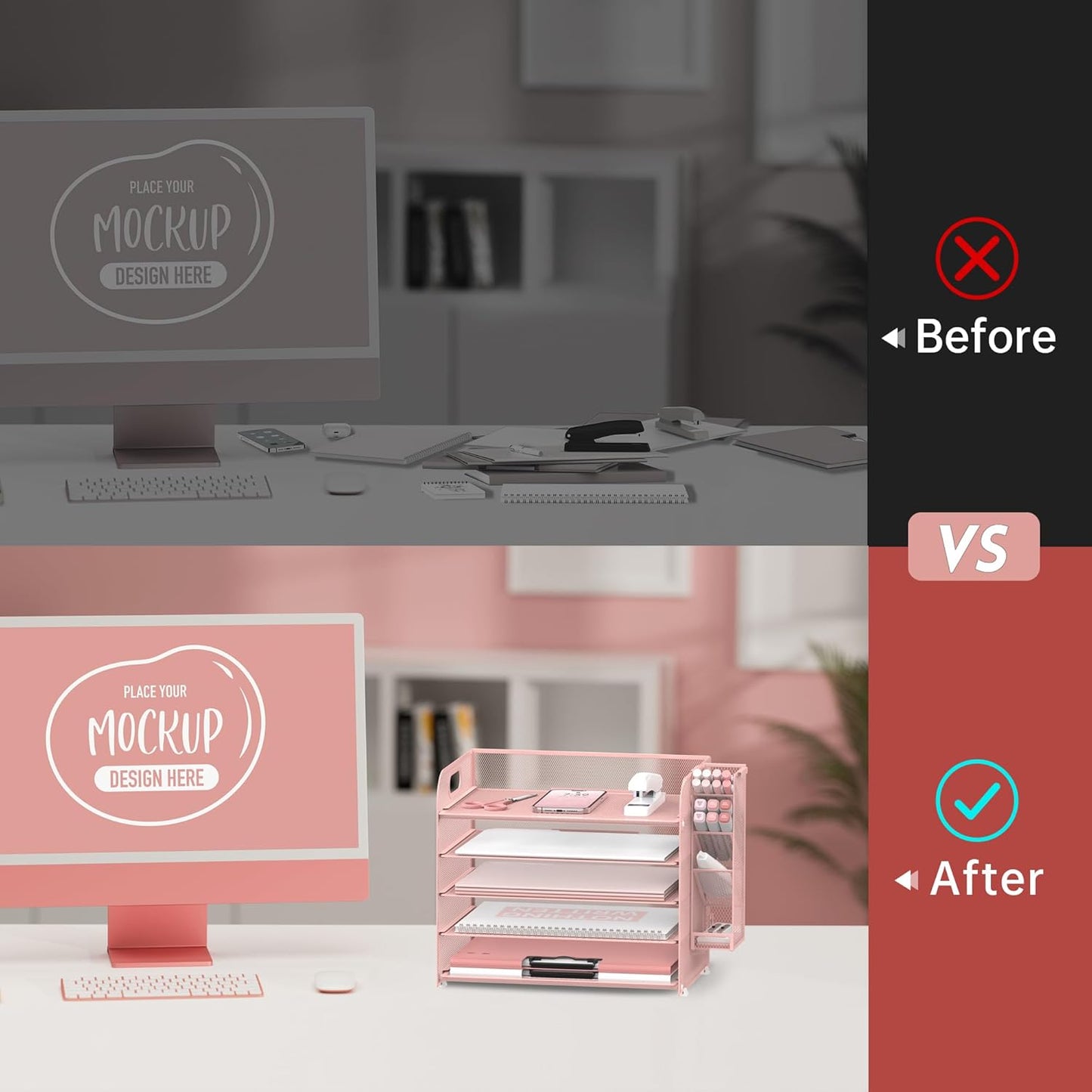 SUPEASY 5 Tier Desk Organizer with Handle & Removable Pen Holders, Mesh Paper/File Organizer for Desk, Paper Letter Tray Organizer for Office Supplies (Pink)