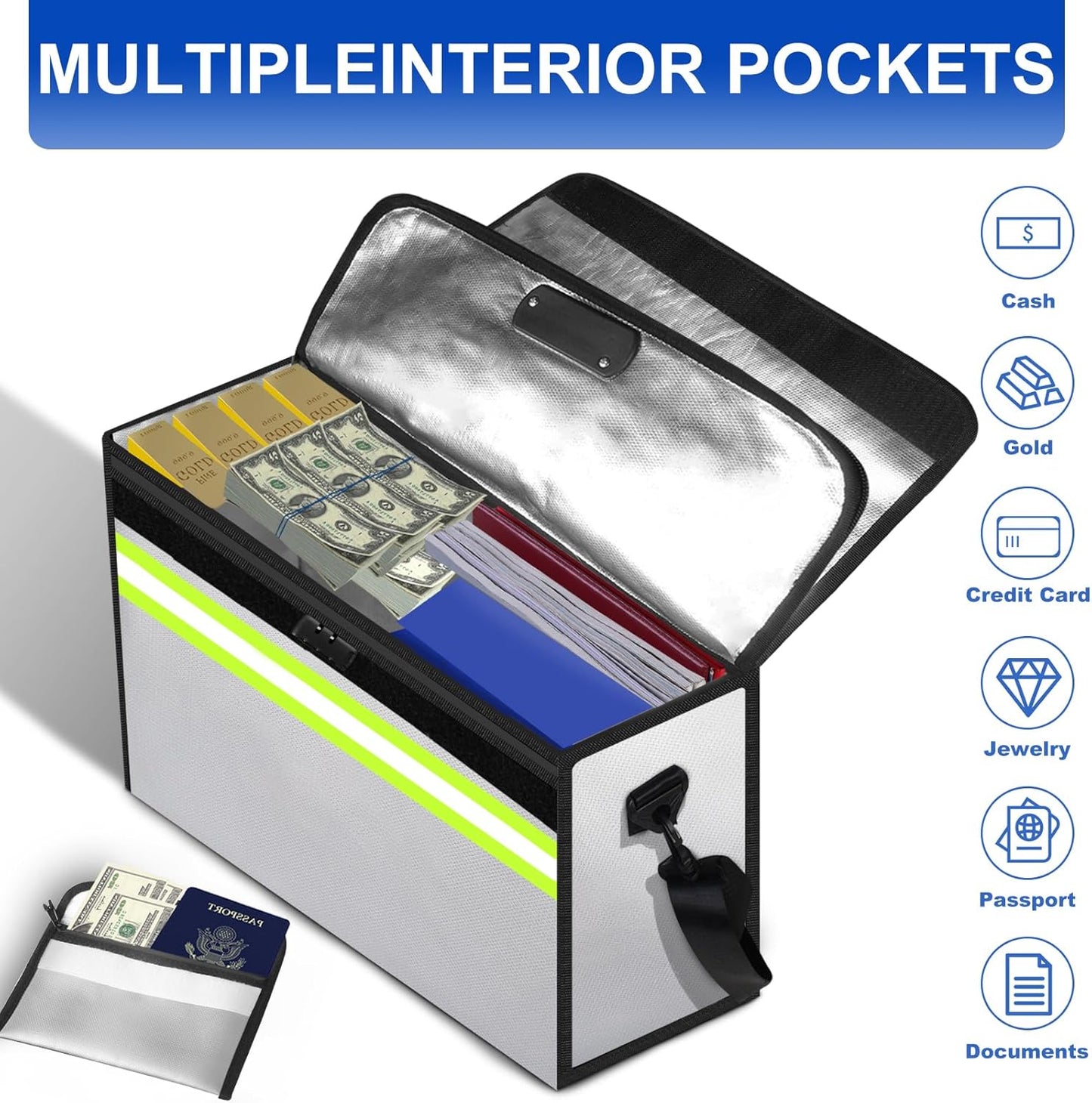 File Organizer Bag with Removable Folder Layers/Wallet,6500°F Fireproof Document Organizer with Lock&Reflective Strip,Portable Home Travel Safe Storage Box for Important Documents(14.1x9.5x4.2 inches)