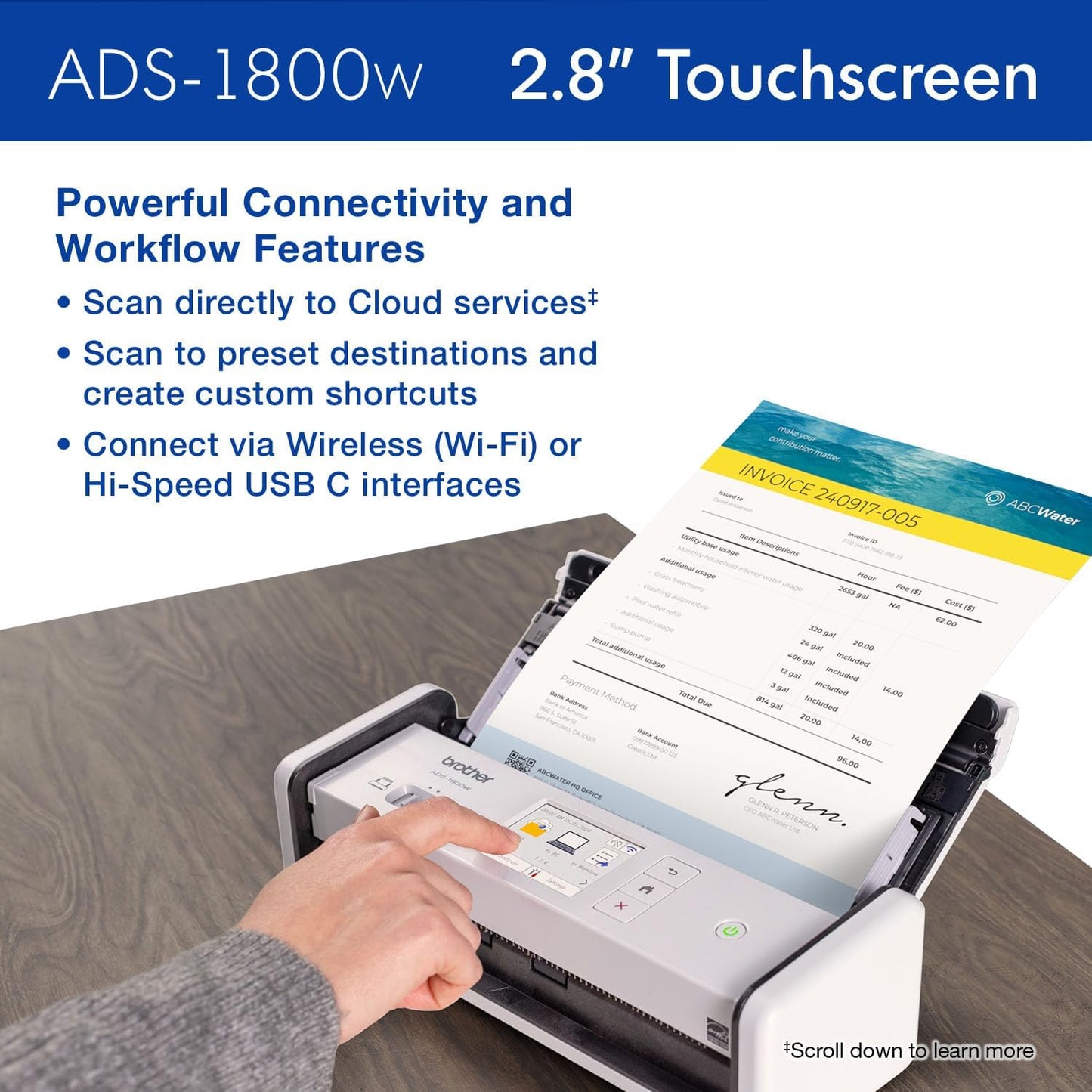 Brother ADS-1800W Wireless Compact Desktop Scanner | Scan Speeds of Up to 30ppm | 2.8" Color Touchscreen
