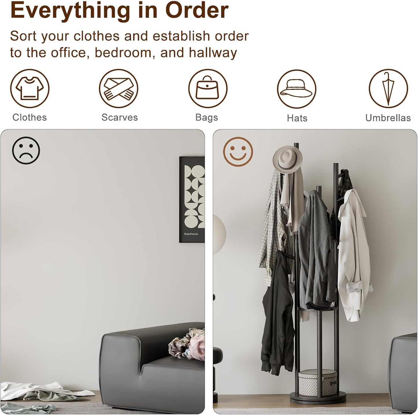 Solid Wood Rotary Coat Rack, Freestanding Coat Rack with 3 Shelves and 9 Hooks, Coat tree for Bedroom, Entryway, Livingroom, Coat Hanger Stand for Coats, Scarves, Handbags (Black)