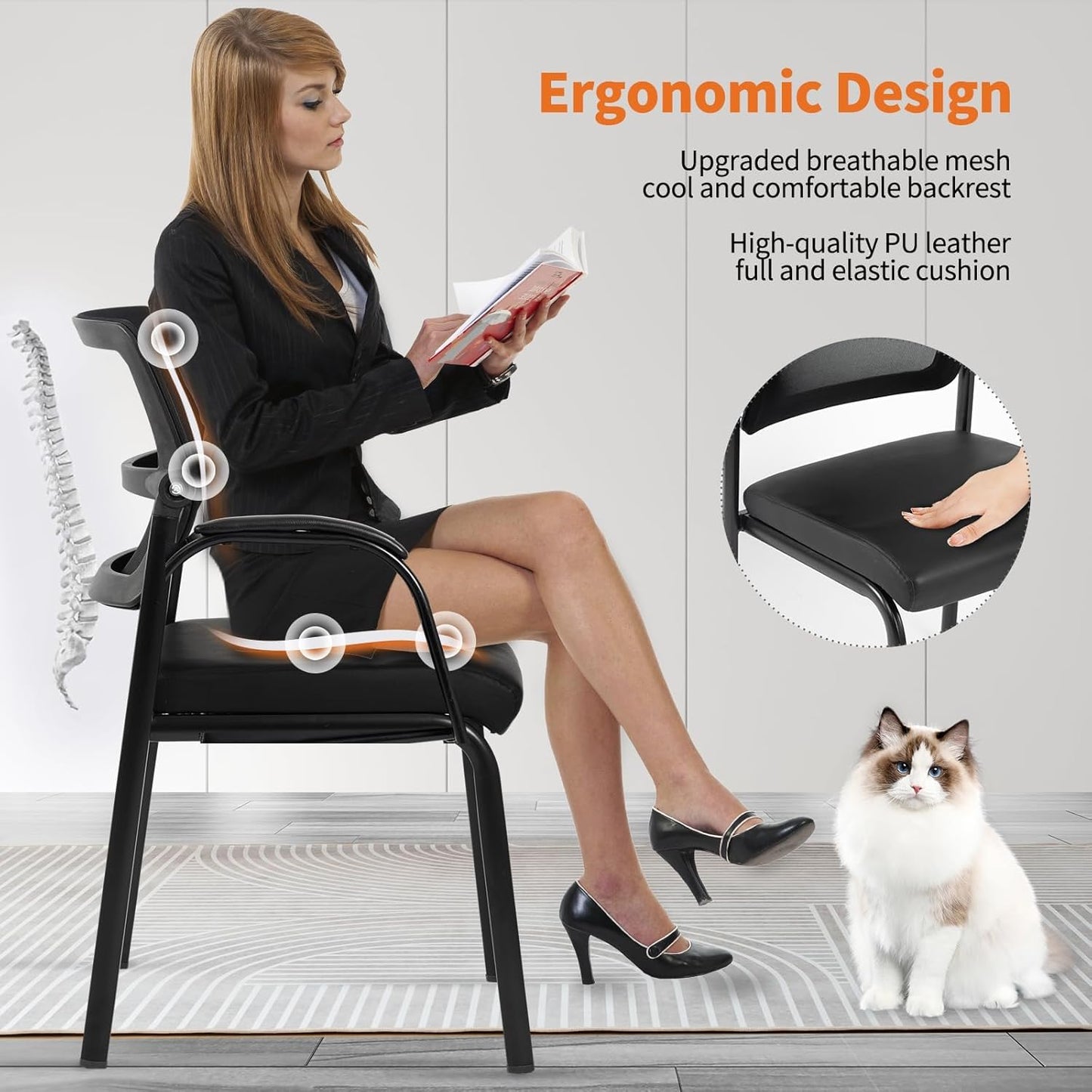 CLATINA Stackable Waiting Room Chair with Adjustable Mesh Backrest, Armless Office Guest Reception Chairs with Leather Cushion and Ergonomic Lumbar Support for Conference Lobby Side School, Black, 8PK