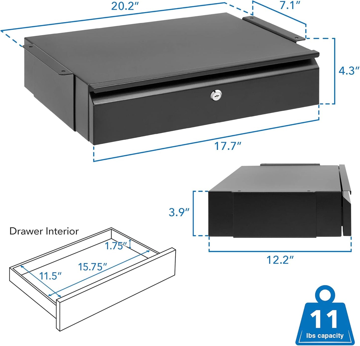 Mount-It! Under Desk Pull-Out Drawer with Lock and 2 Keys Included | Office Storage Organizer | Mounts to Desktops Tables and Workbenches Over 0.71 Inches Thick | Matte Black