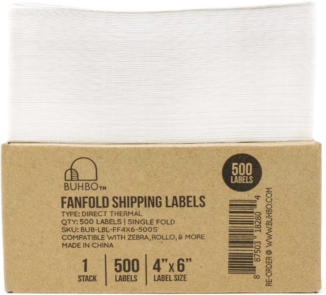 Buhbo 4" x 6" Direct Thermal Labels - Perforated BPA Free - Compatible with Zebra & Rollo Printer - Commercial Grade Shipping (500 Fanfold Labels)