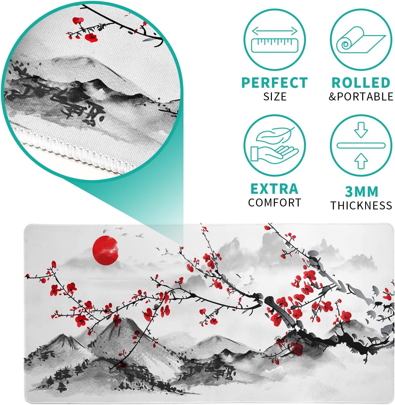 Japanese Cherry Blossom Gaming Mouse Pad 27.6x11.8 Inch Pink Full Desk Sakura Large Non-Slip Rubber Base Waterproof Big Keyboard Mat With Stitched Edges for Office