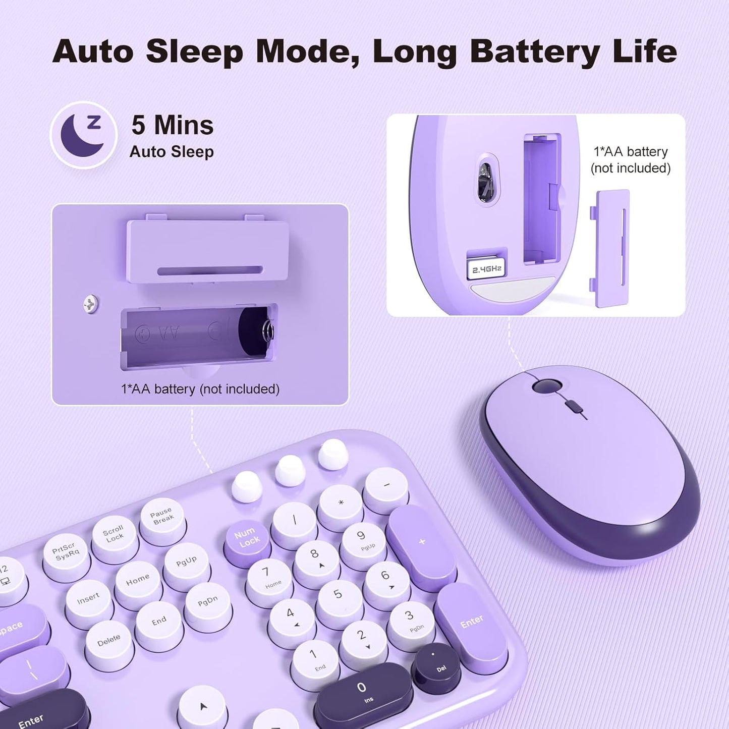 MOFII Wireless Keyboard and Mouse Combo, Cute Keyboard Full Size and Wireless Mouse, 2.4GHz Retro Typewriter Keyboard Wireless Mouse Set for PC/Desktop/Laptop/Windows (Violet)