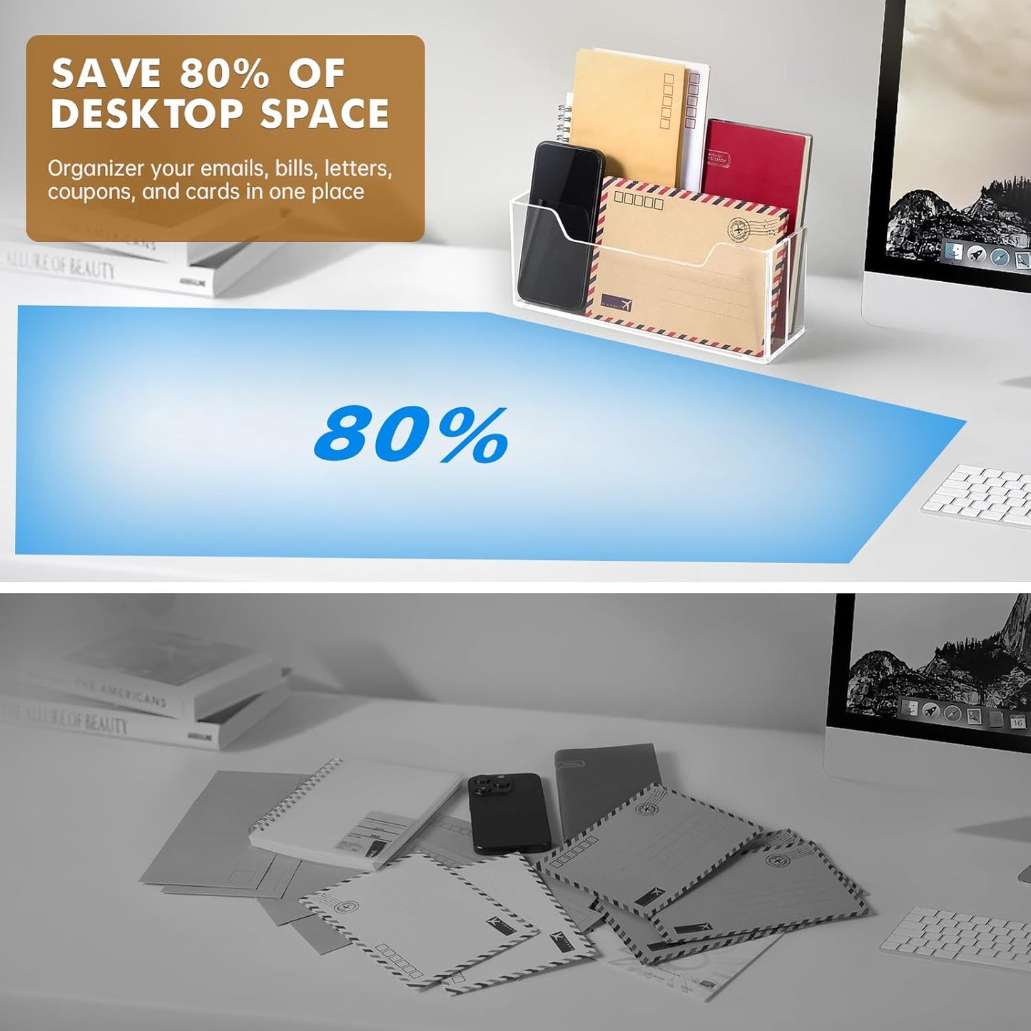 BEYGORM Acrylic Mail Organizer for #10 Envelopes, 2-Slot Wall-Mounted & Countertop Letter Holder, Clear Hanging Mail Rack for Home Office