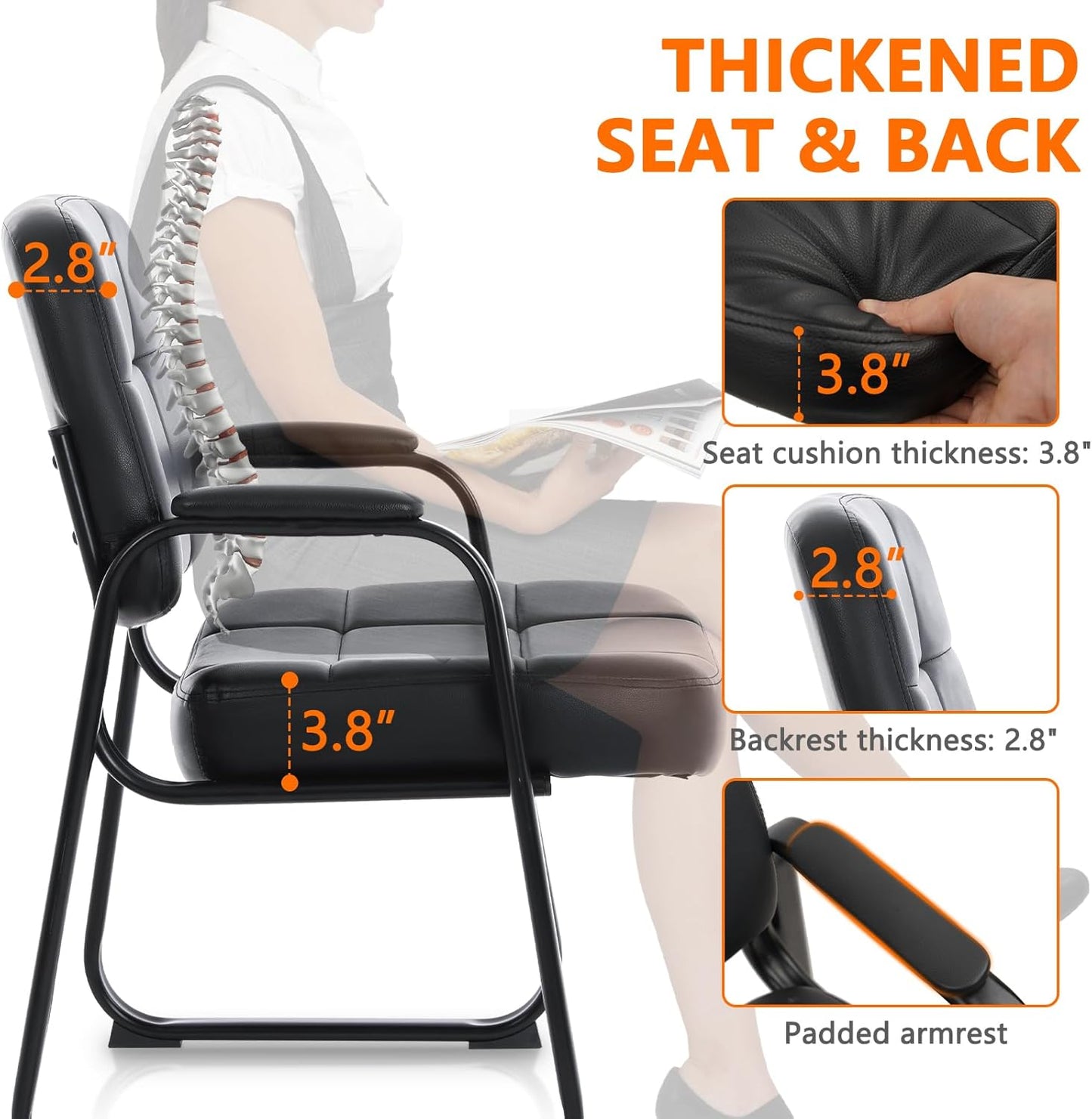 CLATINA Big & Tall Waiting Room Guest Chair with Bonded Leather Padded Arm Rest and Sled Base for Office Reception Lobby and Conference Desk, Black(8 Pack)