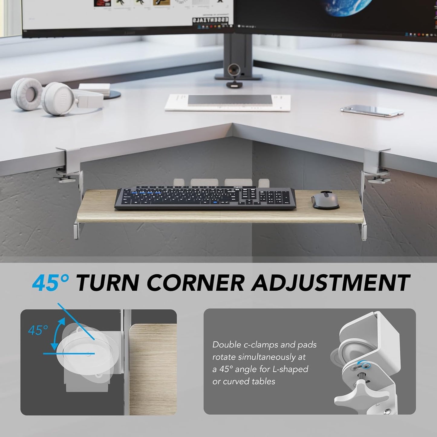 AX WABER Keyboard Tray Under Desk Pull Out with Extra Sturdy C Clamp Mount System, 27.3 (32.5 inch Including Clamps) x 11 Inch Slide-Out Platform Computer Drawer for Typing Grain AX01WG01