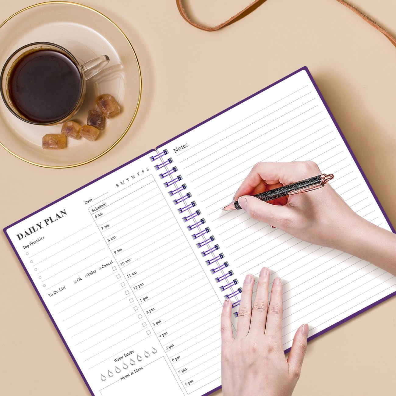 Daily Planner Undated - A5 To Do List Notebook Hourly Schedules, Spiral Appointment Planner for Women and Men, PVC Hardcover, Inner Pocket, Elastic Closure, 5.8" x 8.3", Purple