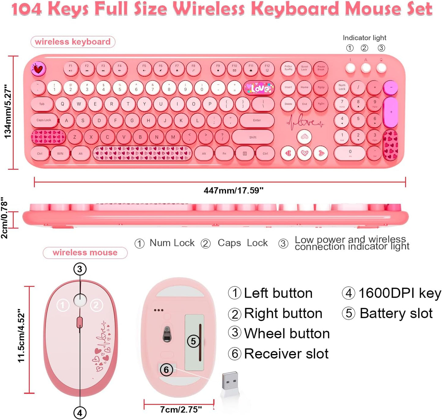 Wireless Keyboard and Mouse,MOFII 104 Round Keys Lovely Full-Size Cute Colorful Keyboard and Mouse with Retro Typewriter for PC/Mac/Laptop/Tablet/Computer/Windows Pink