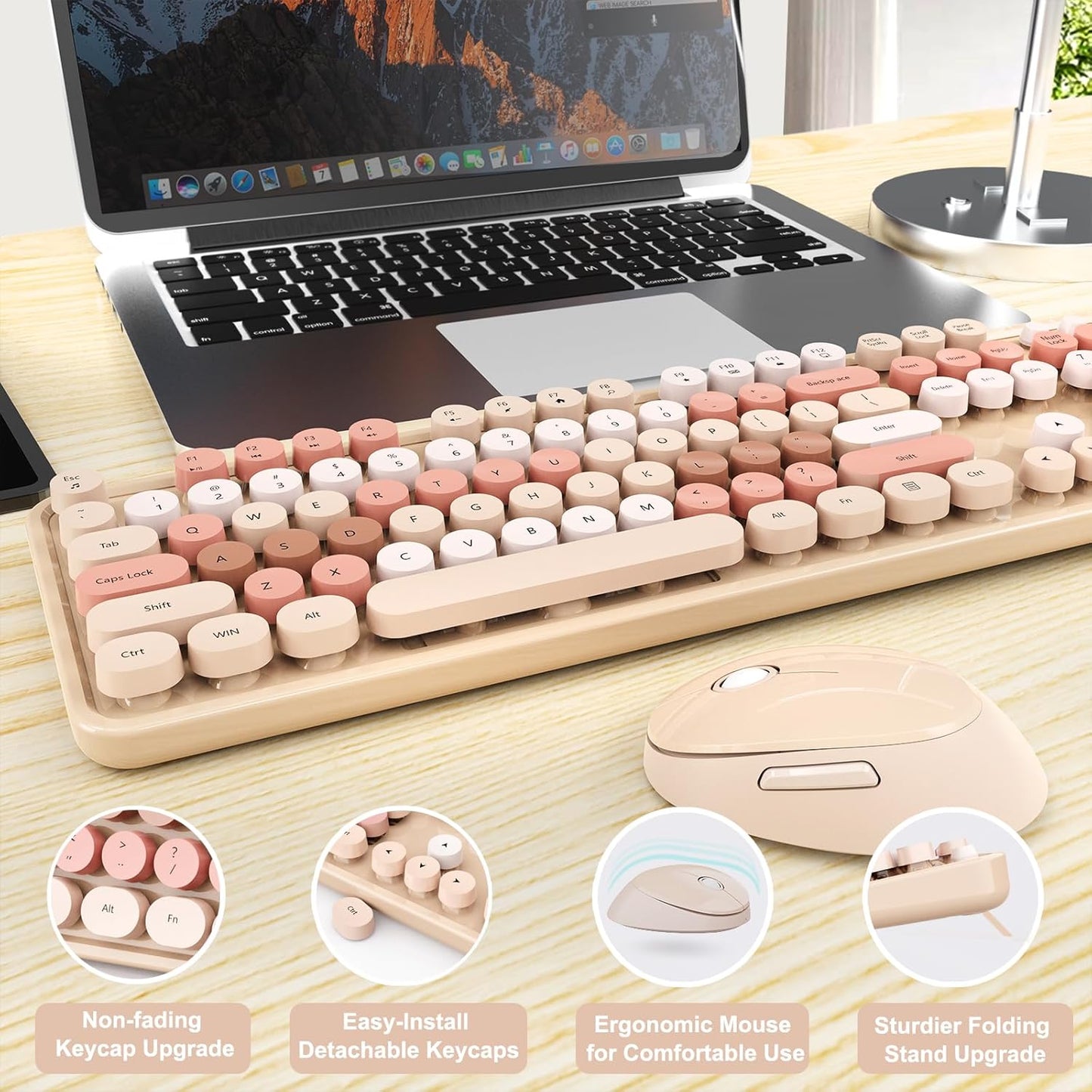 Wireless Keyboard and Mouse Combo, Ergonomic Full Size Typewriter Retro Round Keycaps Keyboard, Compatible with Windows, PC, Perfer for Home and Office Keyboards (Chocolate Color)