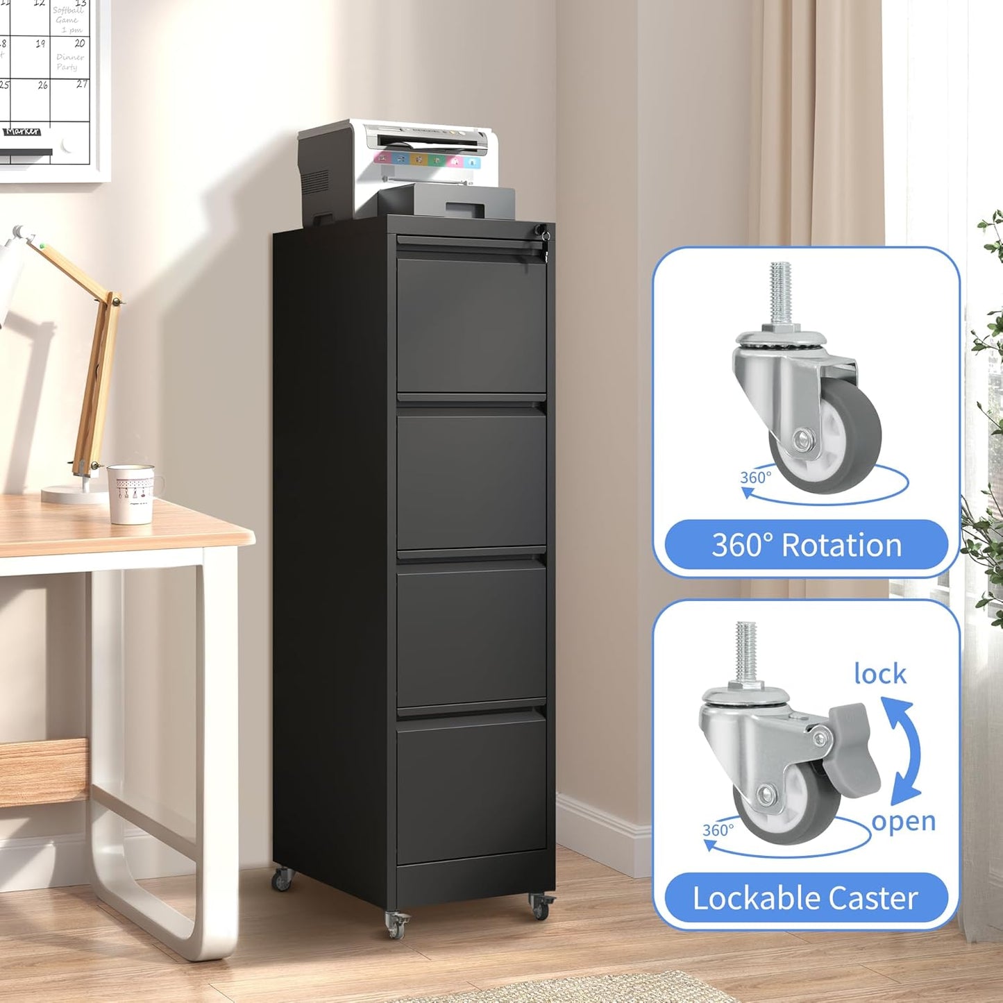 4 Drawer Mobile File Cabinet, Filing Cabinet Home Office for Letter, Legal Size, Black