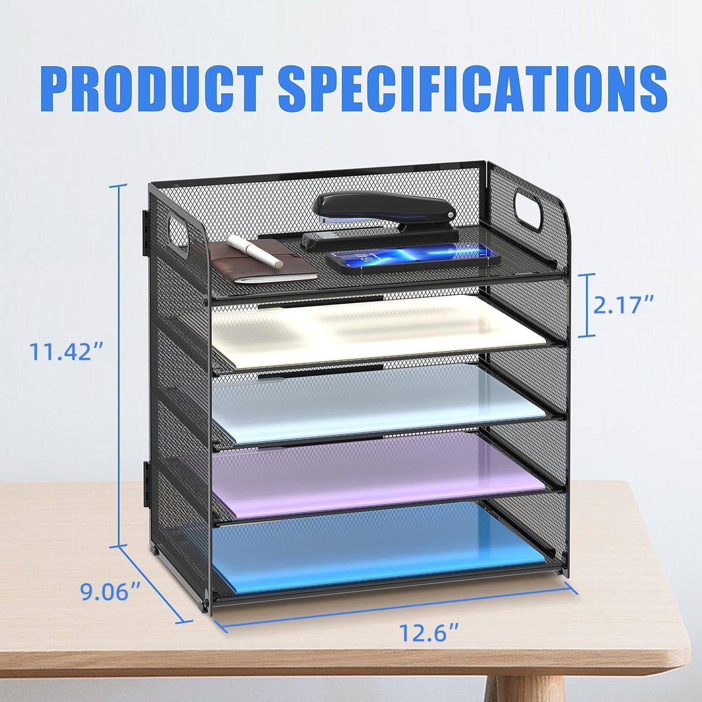 Supeasy 5 Trays Paper Organizer Letter Tray with Handle-Mesh Desk File Organizer, Paper Sorter Desk Organizer for Office, Home or School