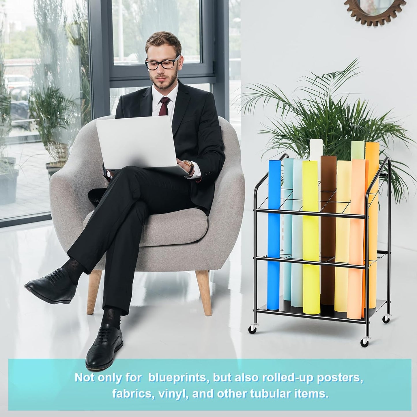 WILLBOND 20 Slots Blueprint Storage Rack Wire Roll File Holder with Wheels Metal Blueprint Storage Bin Cart Paper Holder Cabinet Vertical Tube Poster Organizer (32.28 x 18.11 x 22.06 Inch)