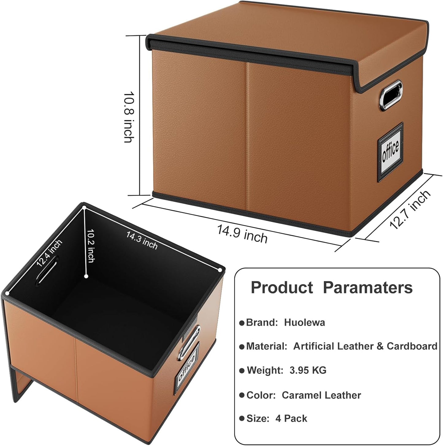 Huolewa Portable Leather File Organizer Boxes with Lids, Office Document Boxes Organizer, Filing Boxes, Decorative Small File Boxes for Hanging Files with Plastic Slide for Office/Decor/Home