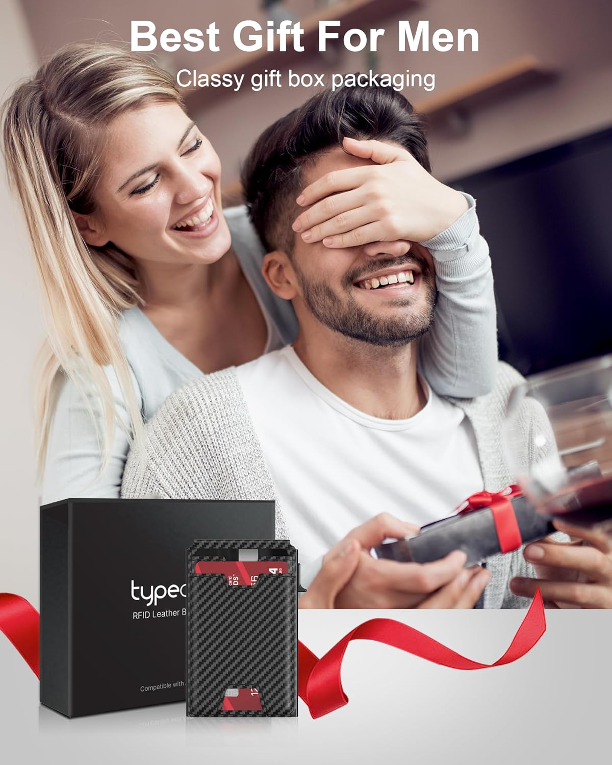 typecase Mens Wallet Card Holder: Pop Up Card Case, Genuine Leather, RFID Blocking, Smart, Slim, Minimalist, Thin - 13 Card Capacitiy, ID Window, Cash Strap (Carbon Fiber)