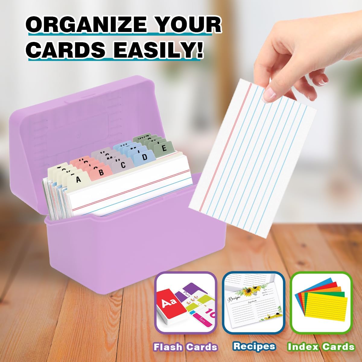 H4D 3x5 Index Card Holder with 100 Heavyweight Ruled Index Cards and 25 Plastic Dividers, Light Purple