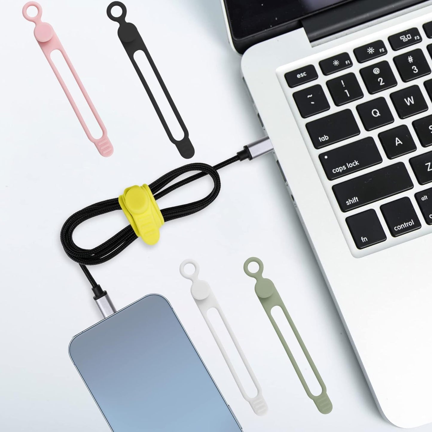 Nearockle 100Pcs Silicone Cable Ties Cord Organizer for Bundling Earphone, Phone Charger, Computer Cords, Reusable Cable Ties Wire Organizer in Home,Office,Kitchen,School (5 Colors)