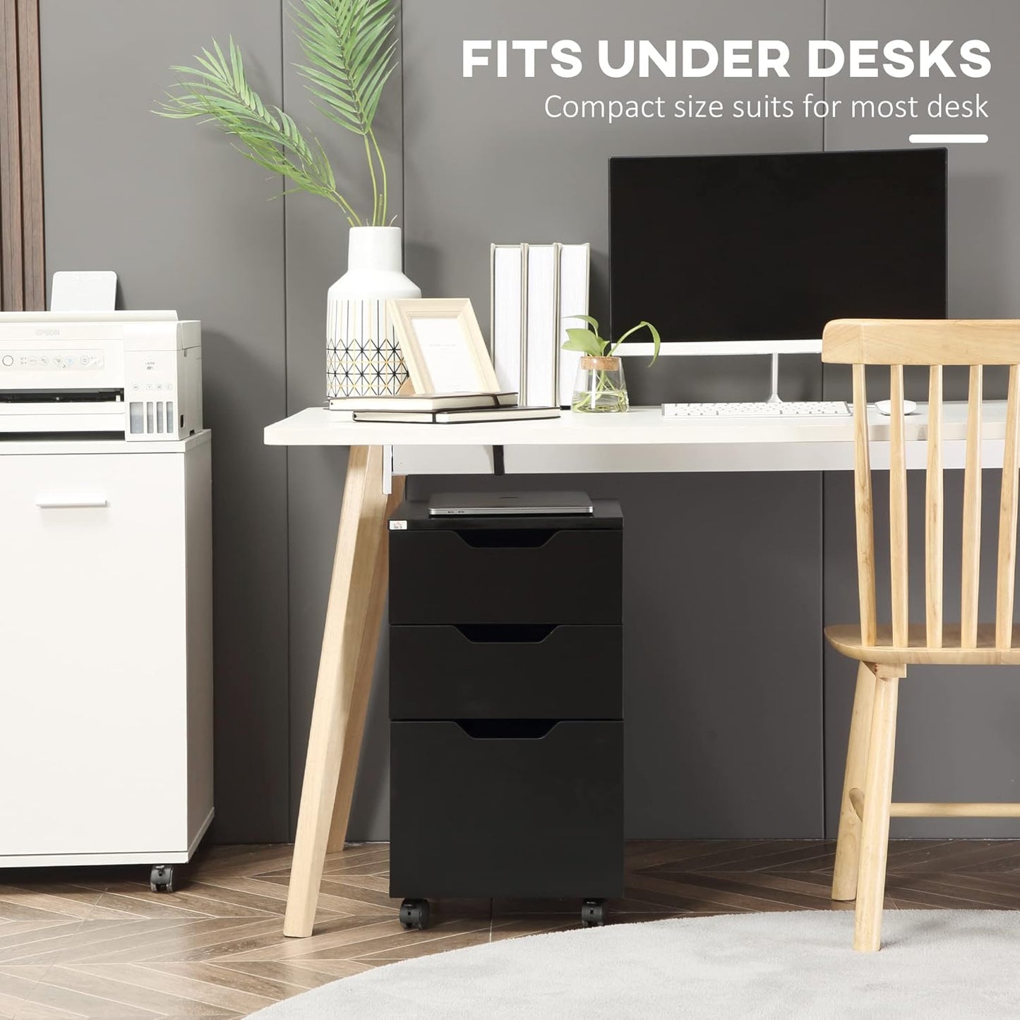 HOMCOM 3 Drawer Mobile File Cabinet, Rolling Printer Stand, Vertical Filing Cabinet, Black