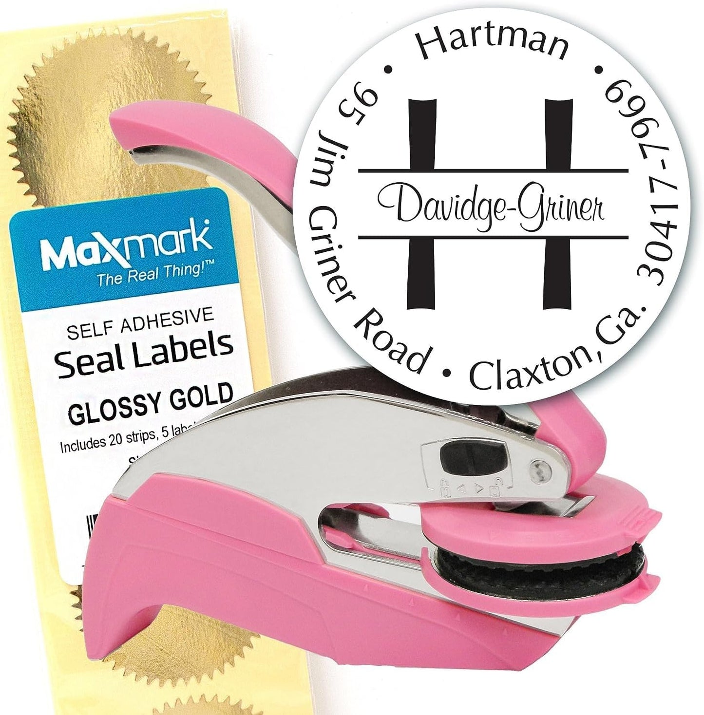 Custom Monogram Address Embosser - Personalized Round Seal with 50 Gold Seal Labels - Style EM026