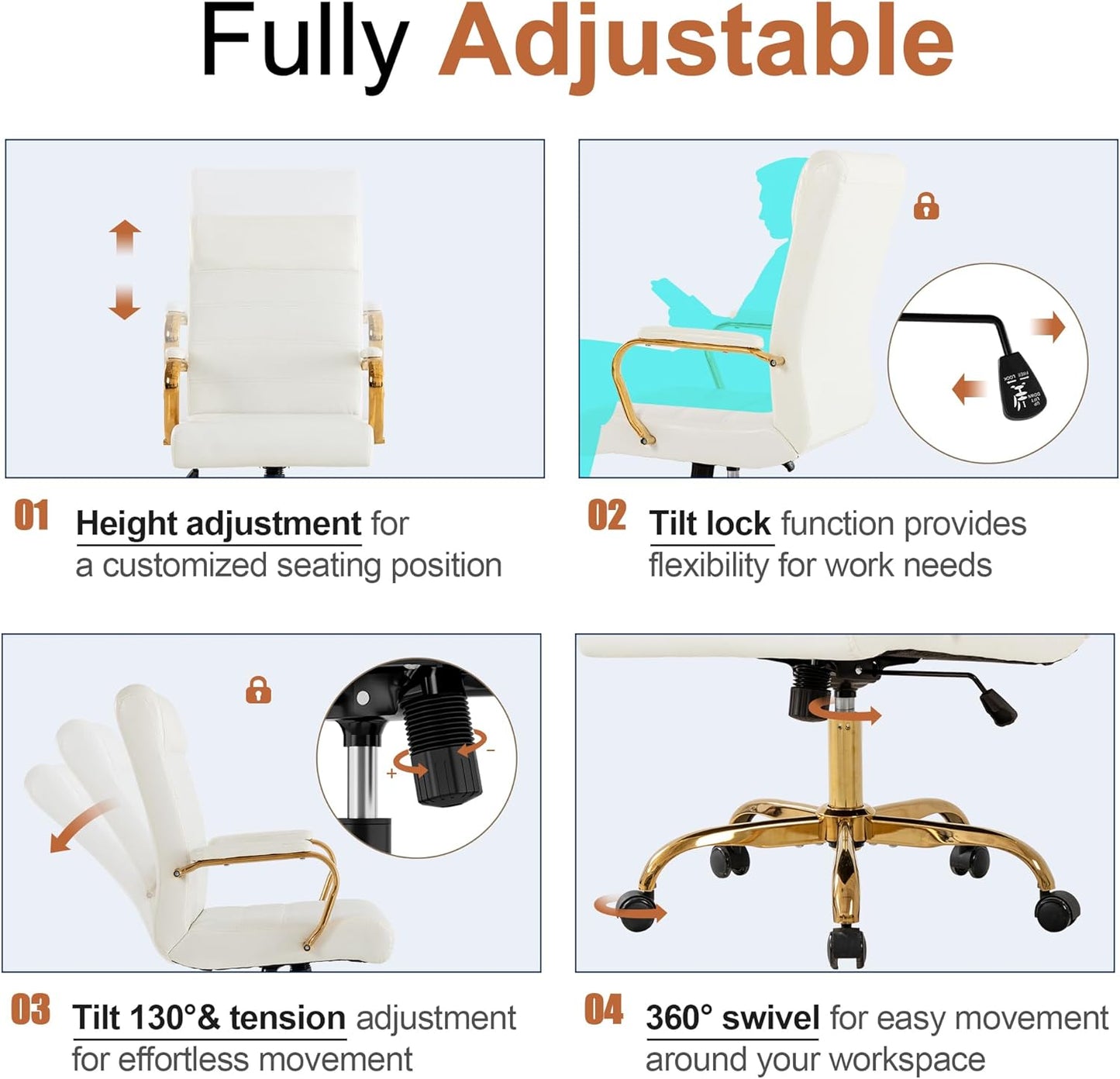 Office Desk Chair,Modern Leather Conference Room Chairs,High Back Home ofiice Chair,Adjustable Height Swivel Executive Computer Chair with Padded Seat and Armrest (White with Gold Frame)