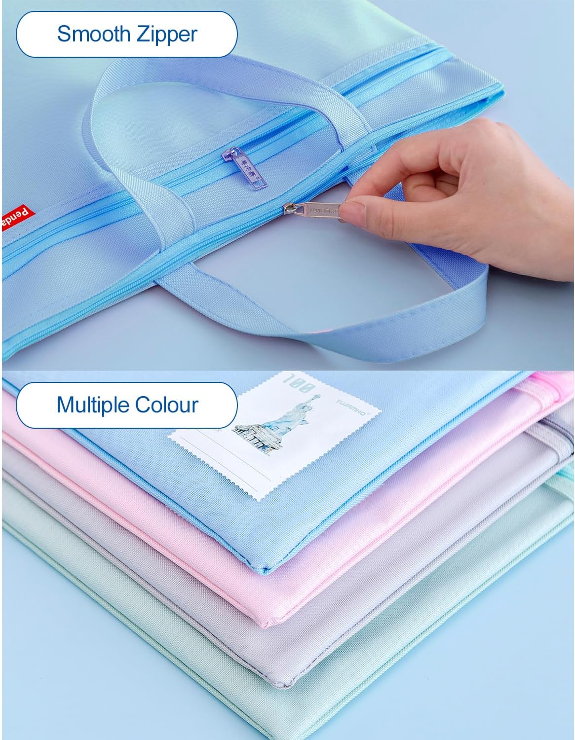 Pendancy Mesh Zipper Pouch 11x13.7 in, Large Double Pocket Waterproof File Bag with Handle, A4 Size Foldable Document Storage for Puzzle Project/Cross Stitch/Travel/Office(Blue)