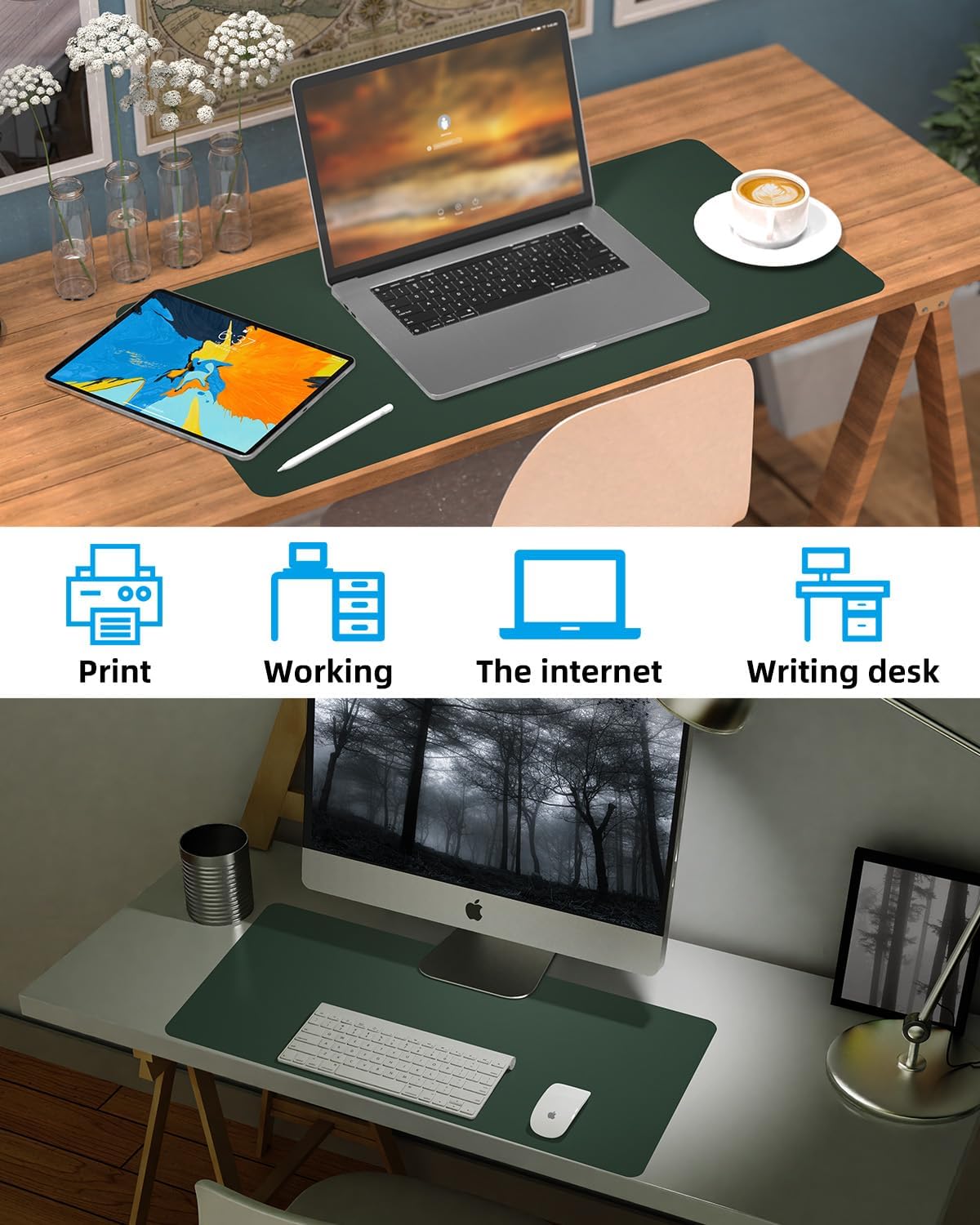 Leather Desk Pad Protector,Desk Cover mat,Office Desk mat,Laptop Mat for Desk, Non-Slip Desk Blotter,Waterproof Desk Writing Pad for Office/Home(23.6"x13.8",Dark Green)