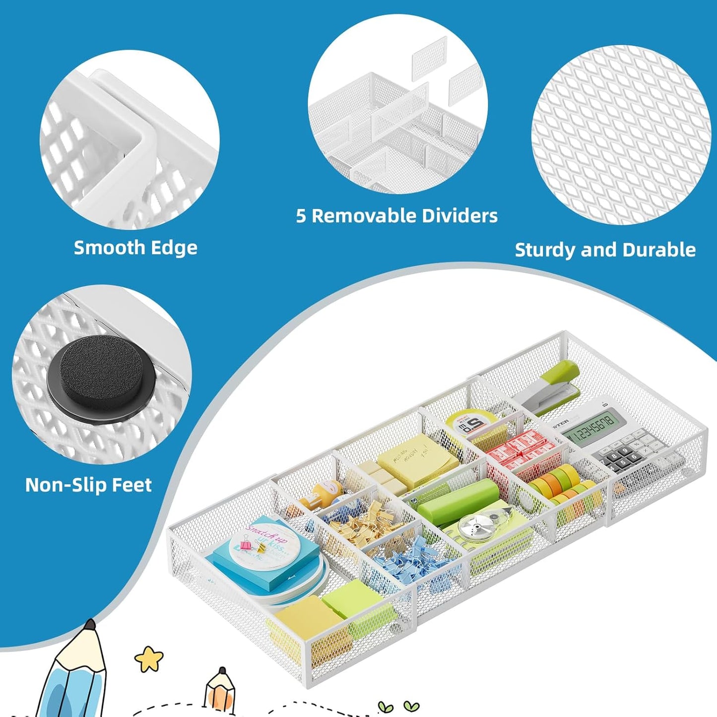 Marbrasse Expandable Desk Drawer Organizer, Mesh Drawer Organizer Tray with 10 Adjustable Compartments, Desk Organizers and Accessories for Office Supplies (Longer Expandable Drawer Organizer-W)