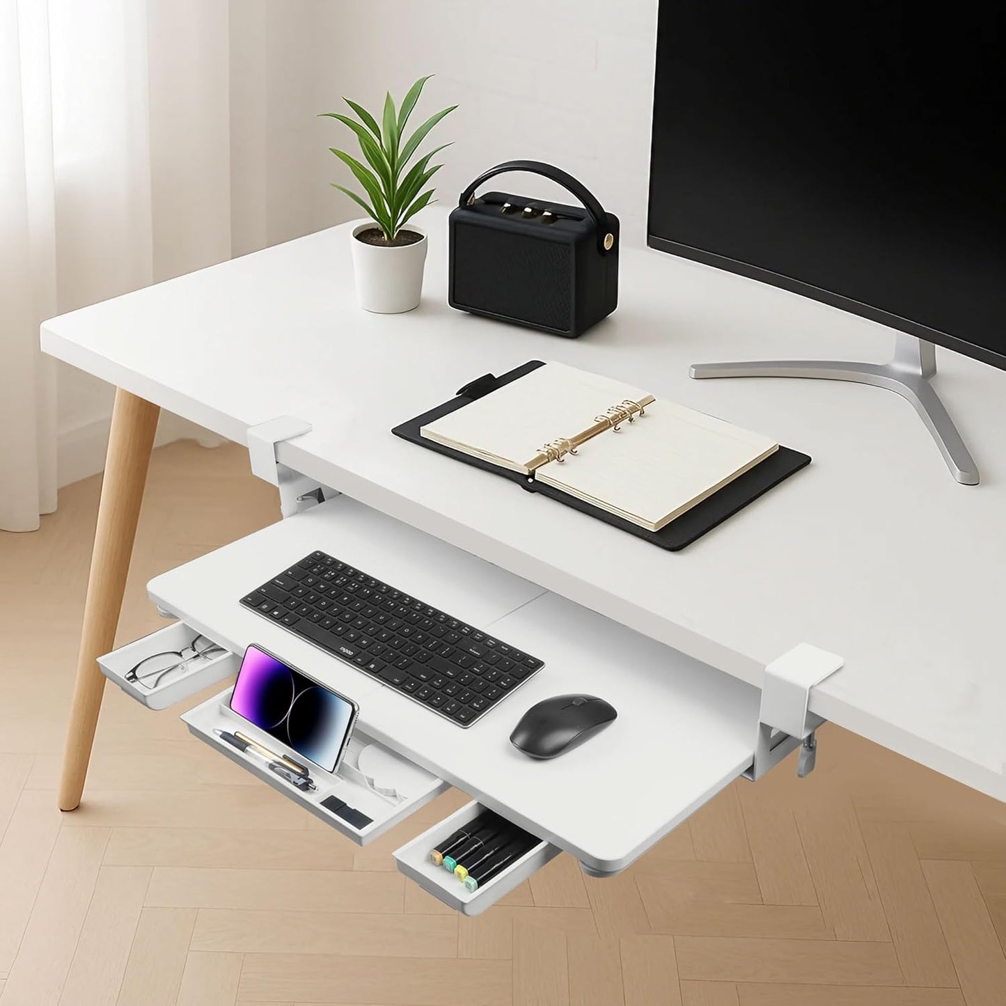 Keyboard Tray Under Desk with Drawer,26.77" X 11.81"Large Size Keyboard Tray with C Clamp-on Mount, Easy to Install, for Home Office (White)