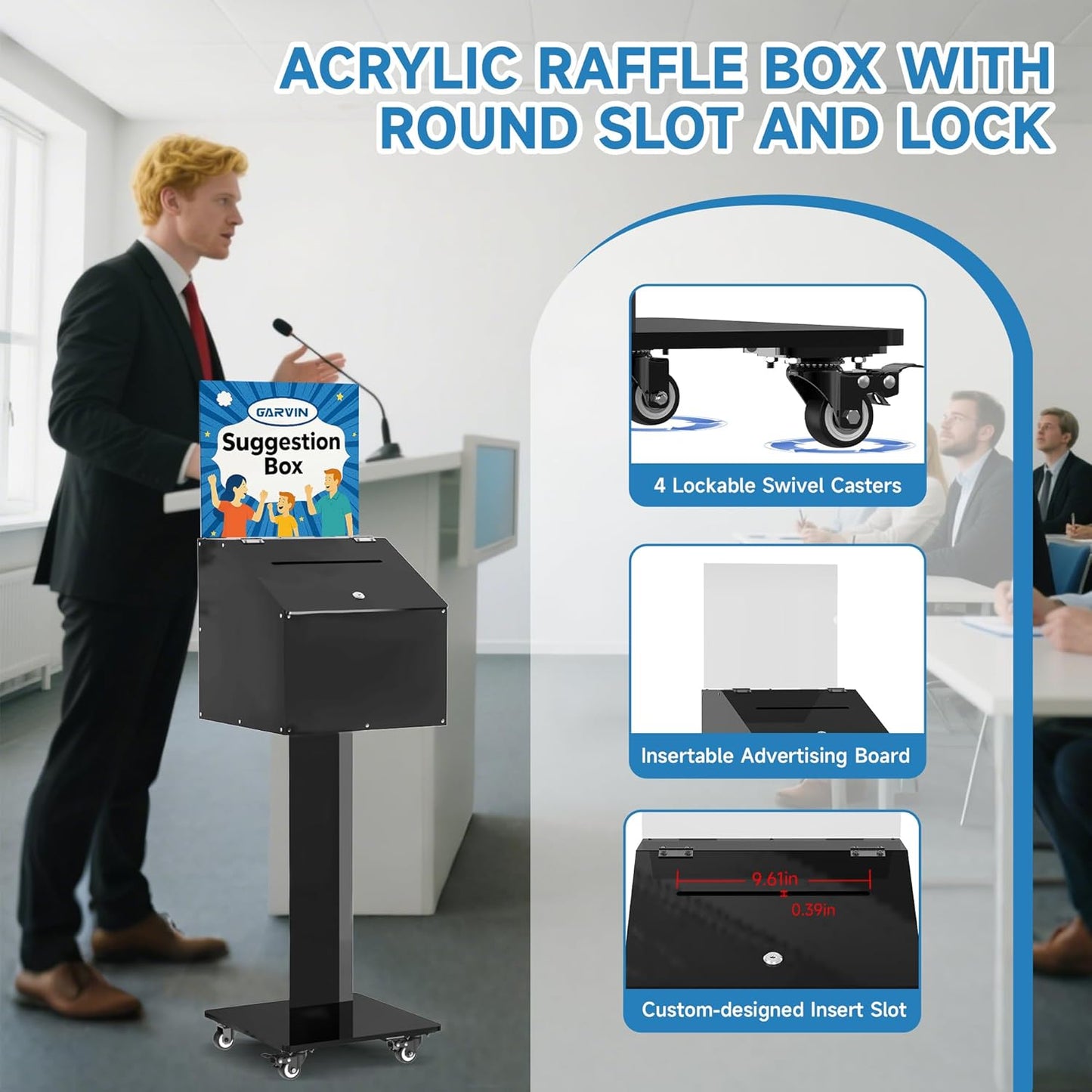 GARVIN Acrylic Suggestion Box with Lock and Key for Voting, Charity, Church & Event Fundraising, Collection Offering/Raffle Ballot Box with Sign Holder Display Stand, Locking Casters, Black