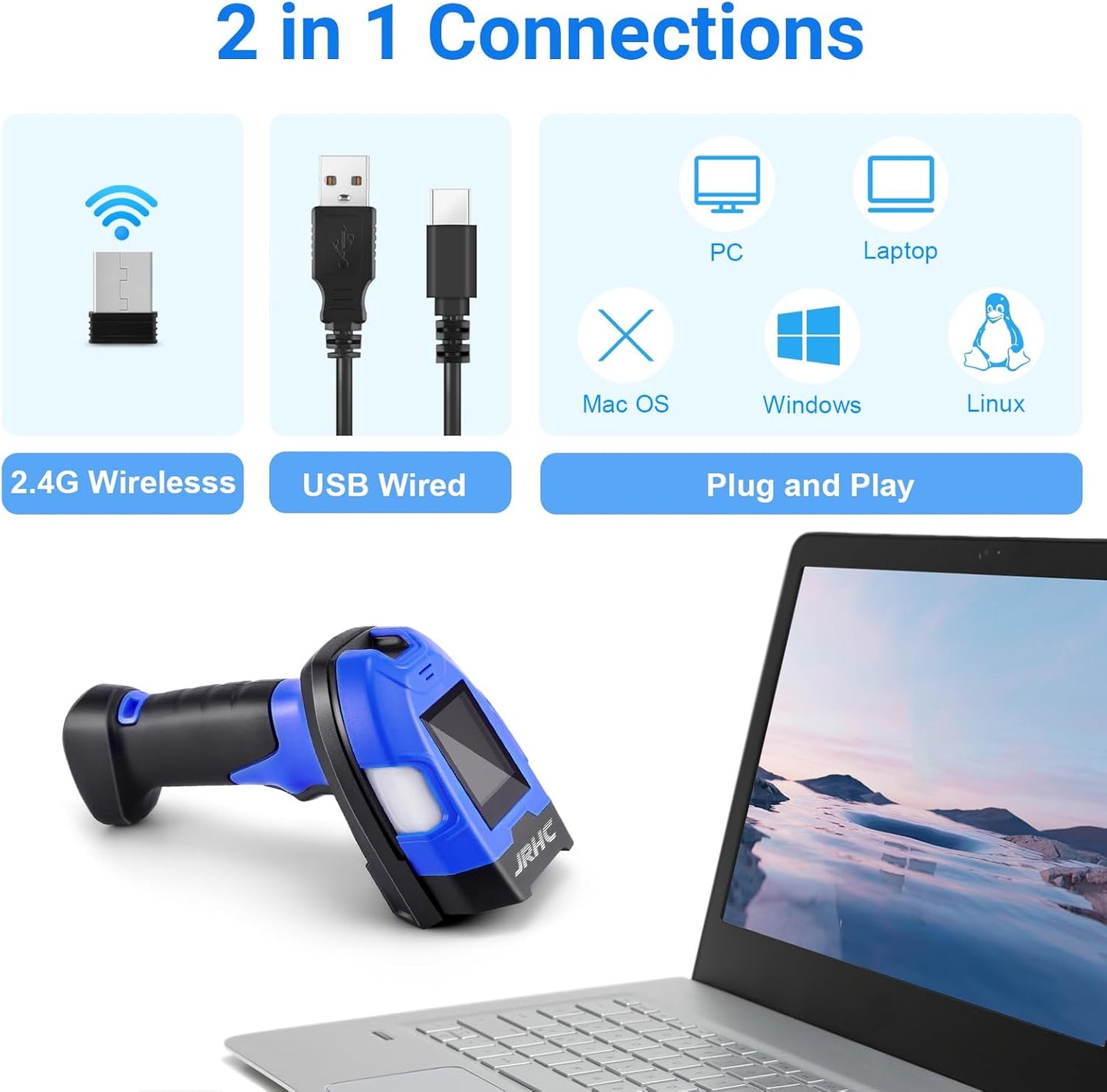 Barcode Scanner Industrial, Wireless 1D Laser Bar Code Scanners 2 in 1 Plug and Play Rugged Heavy Duty & IP65 Waterproof, Long-Distance Wireless Handheld Barcode Reader with 1.8" Screen