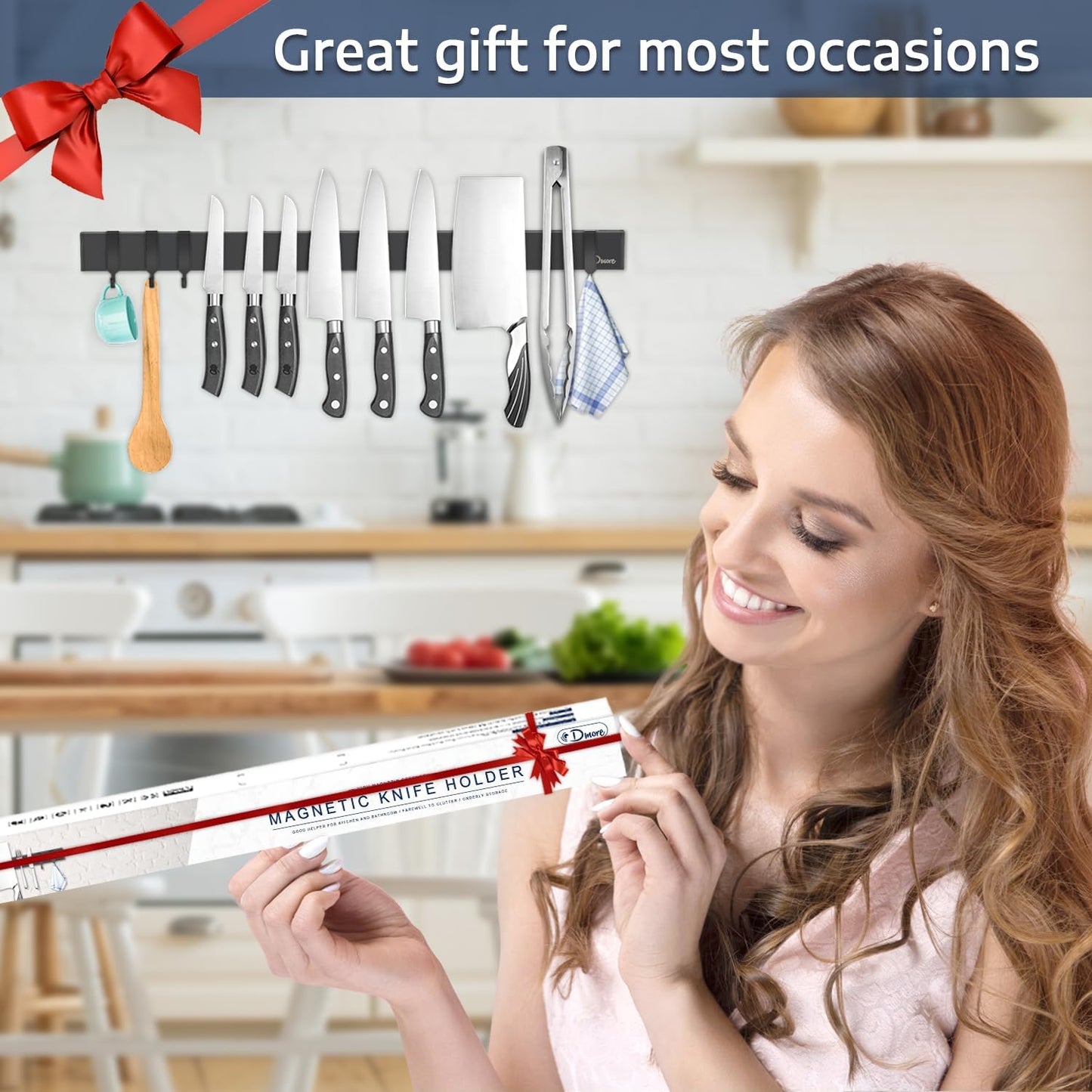 Dmore magnetic knife holder for wall—with 4 hooks, No Drilling 23 Inch black knife magnetic strip, Powerful knife magnet rack, include Adhesive Tape and screws for Knives, Utensils, and Tools