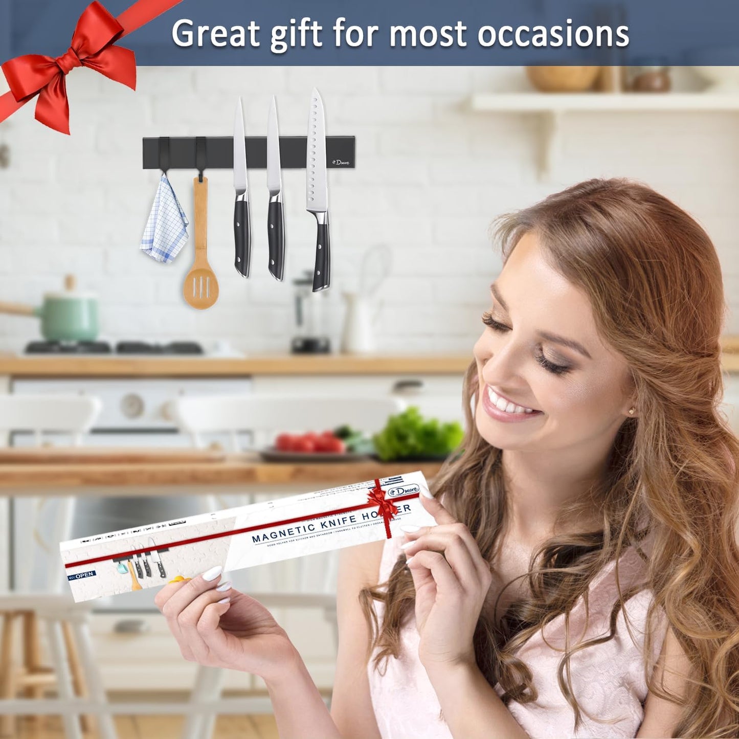 Dmore magnetic knife holder for wall—with 2 hooks, No Drilling 10 Inch black knife magnetic strip, Powerful knife magnet rack, include Adhesive Tape and screws for Knives, Utensils, and Tools