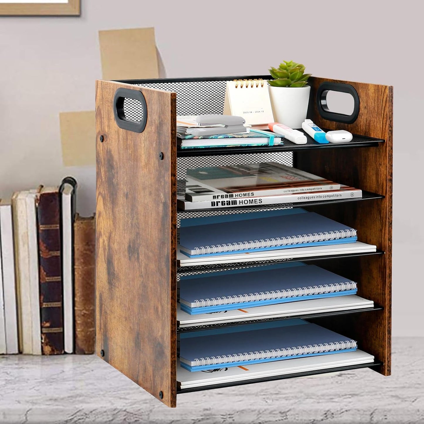Wood Desk Organizer - 5-Tier Desktop File Organizer, Wooden Paper Tray, Office Desk Organzier and Accessories for Papers, Mail, Notebooks, Stationery