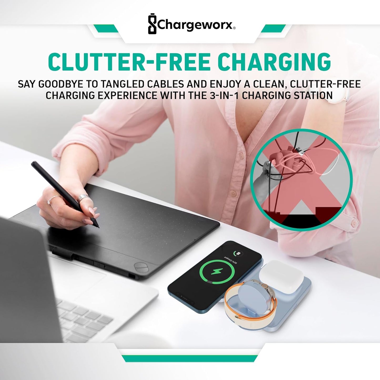 CHARGEWORX 3-in-1 Wireless Charger, Foldable Magnetic Charging Station with 15-Watt Fast Charging, Compatible with iPhone, Samsung, and Other Phones, Smartwatches, and Headphones, Blue