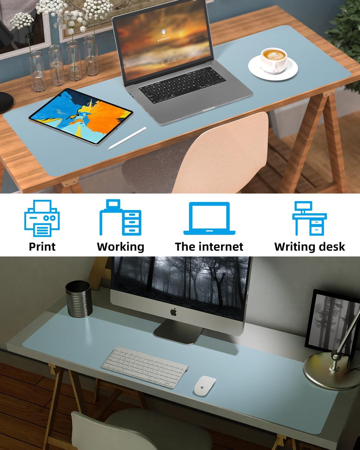 Leather Desk Pad Protector, Large Mat, Mouse Pad & Keyboard Cover - Non-Slip PU Leather Blotter - Office & Home (Light Blue, 48" x 17")