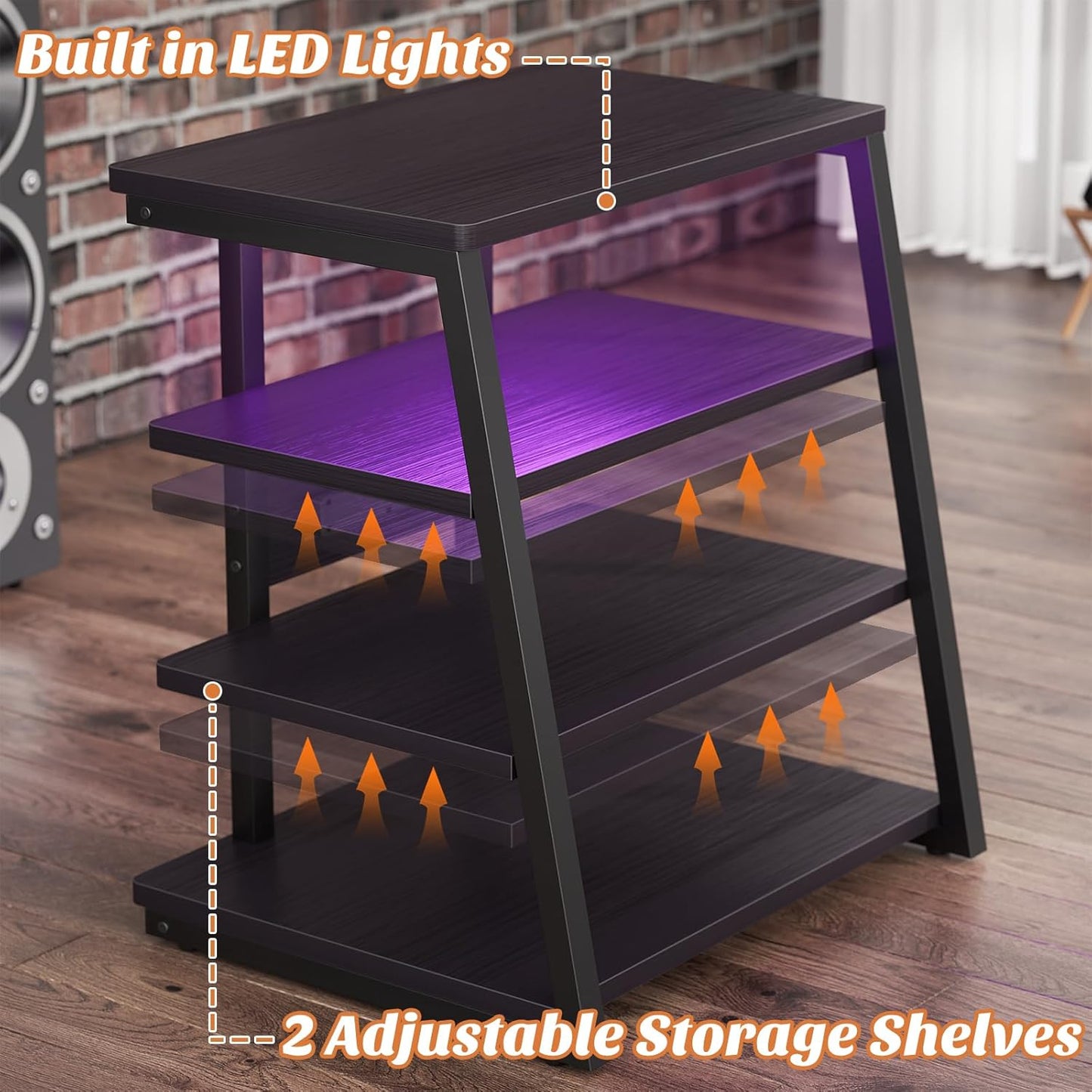 AV Media Stand with Outlets, Media Console with LED Lights, Stereo Racks and Stands with Storage Shelves, Media Audio Tower Cabinet, Black Enoby