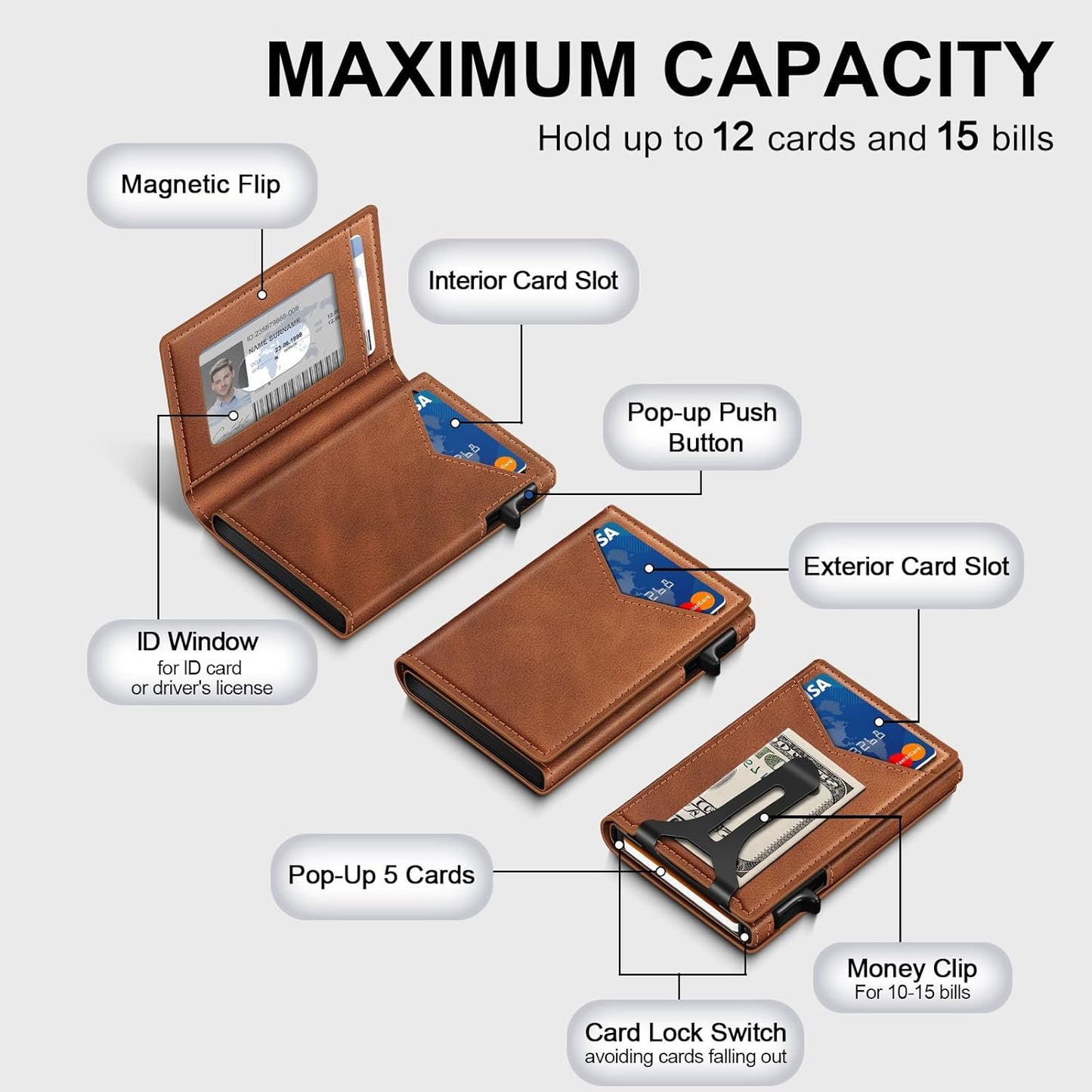 Wallet for Men, RFID Wallet with Money Clip & ID Window, Minimalist Pop Up Credit Card Case Holder 10-12 Cards, Bifold Slim Smart Wallet for Front Pocket, Compact Metal Wallets, Gifts for Men, Brown